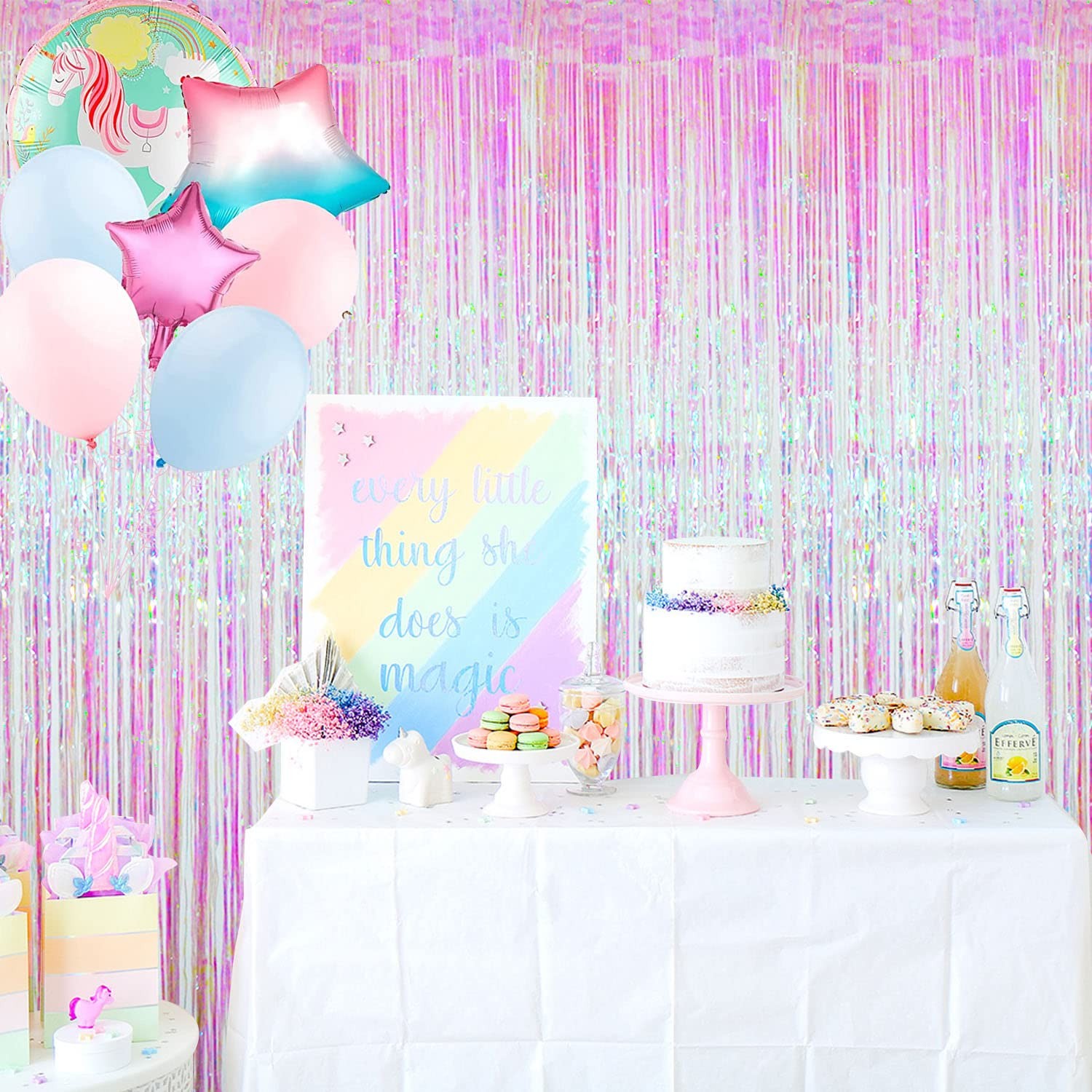 2 PCS Multicolor Metallic Tinsel Foil Fringe Curtain Party Backdrop 3.2×9.8 Ft