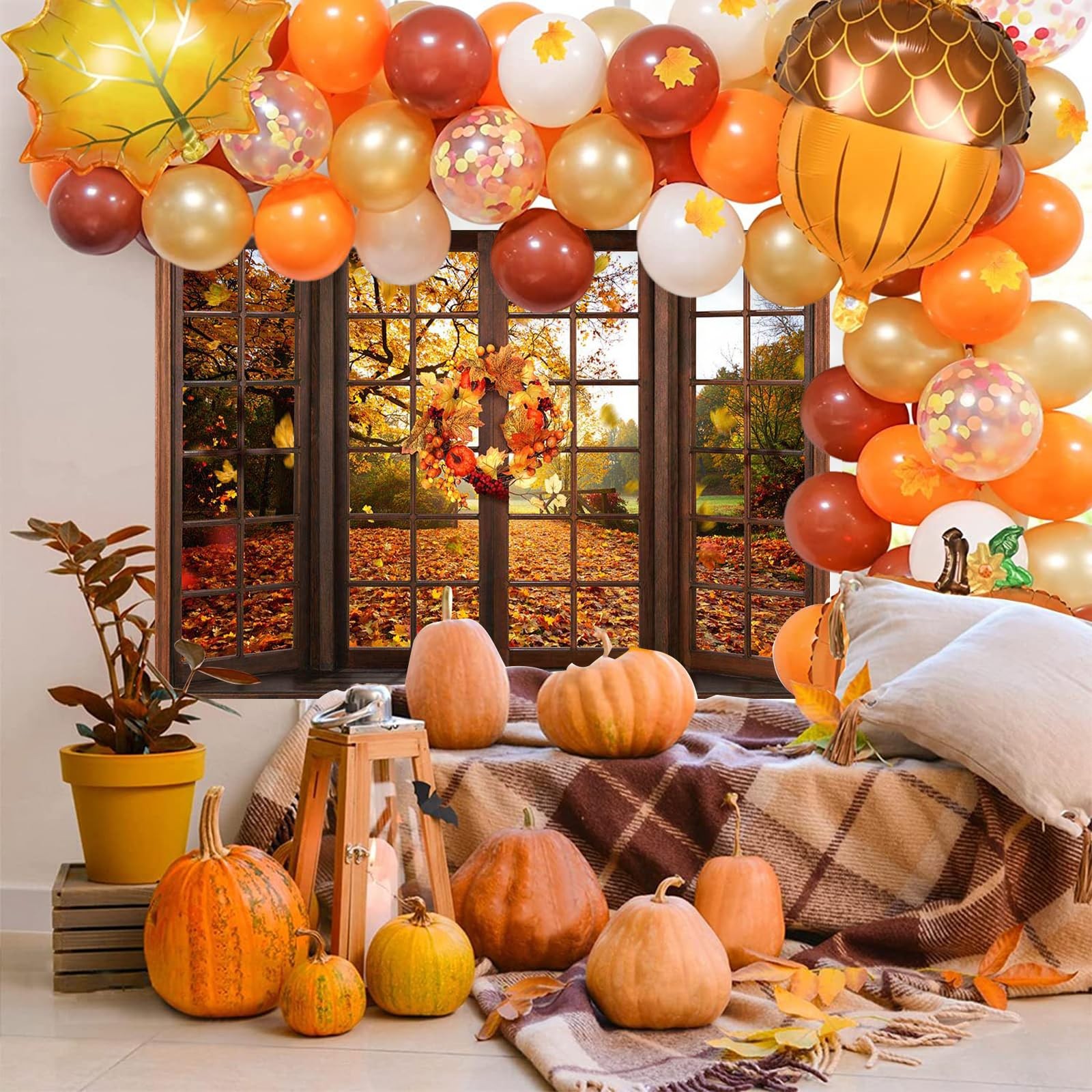 7x5ft Fall Backdrop Window Maple Leaves Fall Forest Photography Backdrop Autu…