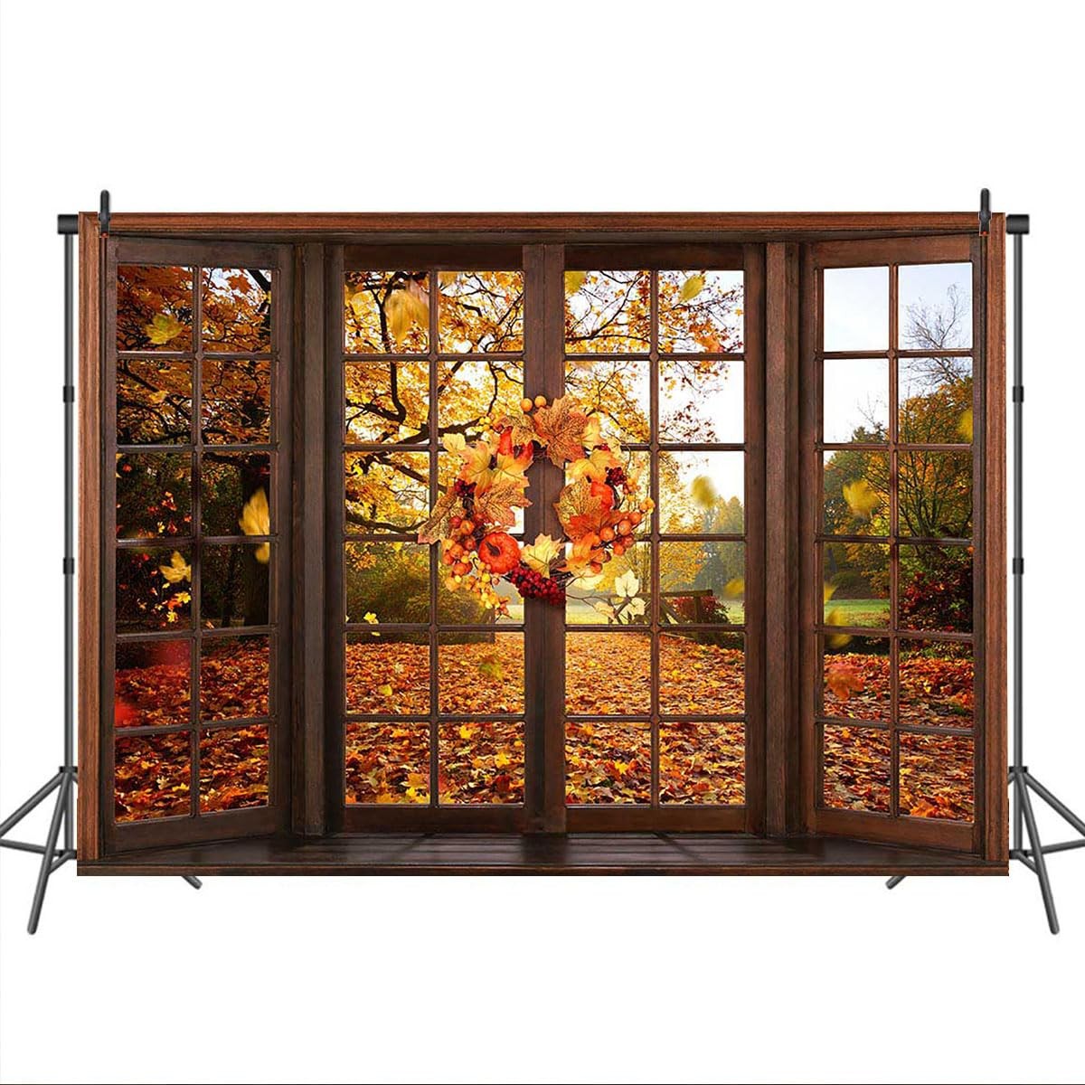 7x5ft Fall Backdrop Window Maple Leaves Fall Forest Photography Backdrop Autu…
