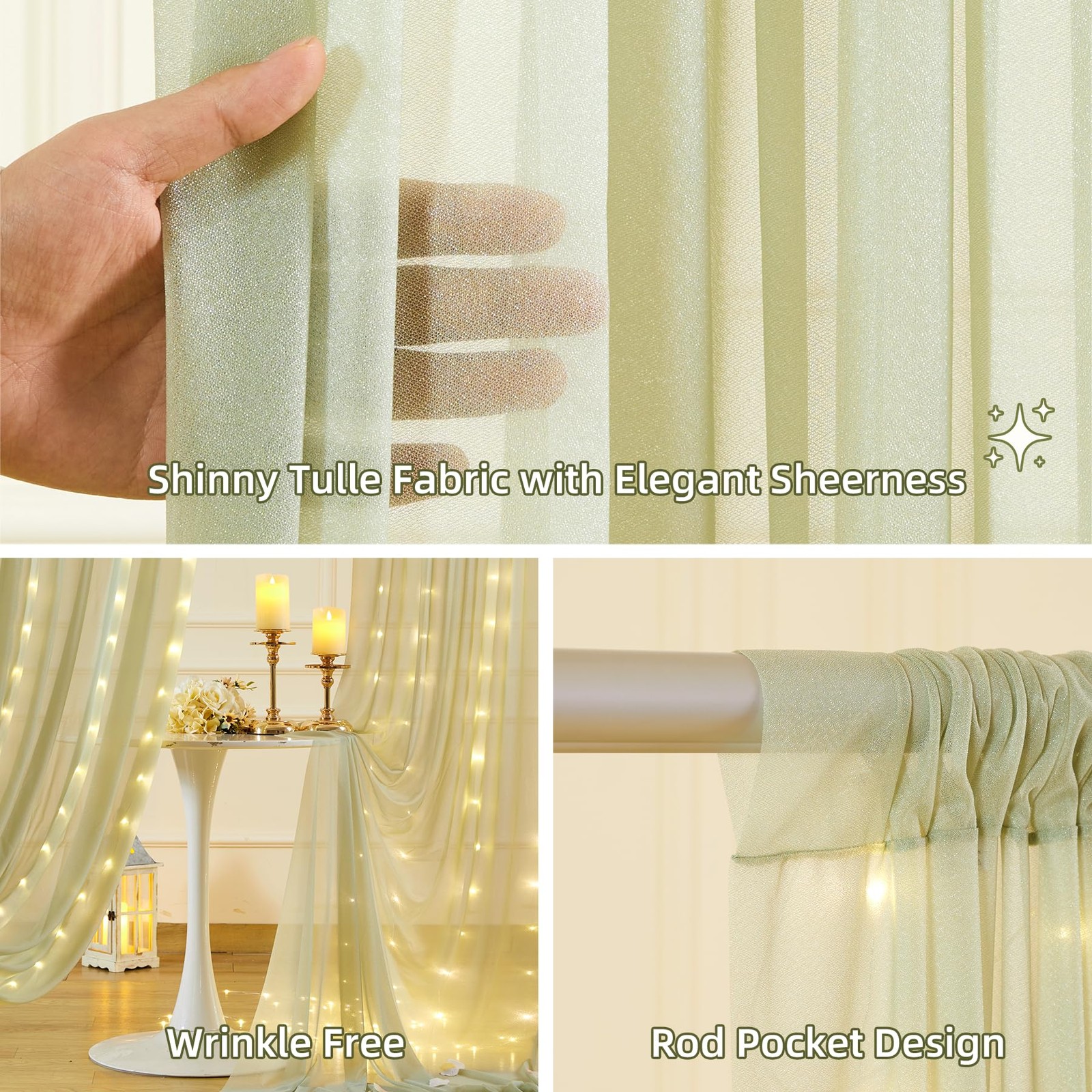 10×10 Ft Green Wrinkle Free Backdrop Curtain With Light String Wedding Party