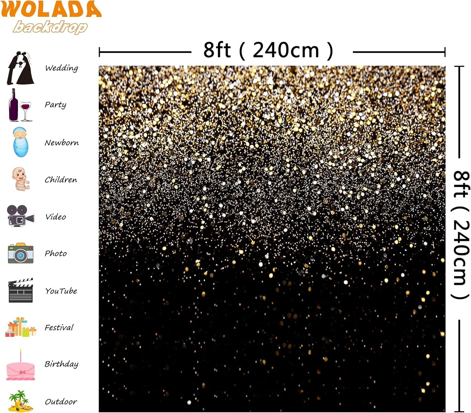Elegant 8x8FT Black and Gold Glitter Backdrop for Stunning Photoshoots