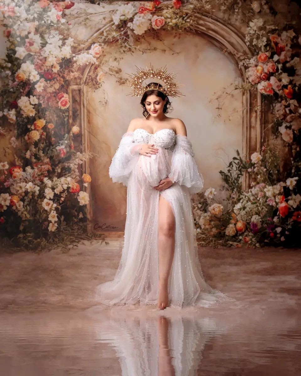 7x5ft Spring Flower Wall Backdrops Pregnant Beige Wall Photography Background
