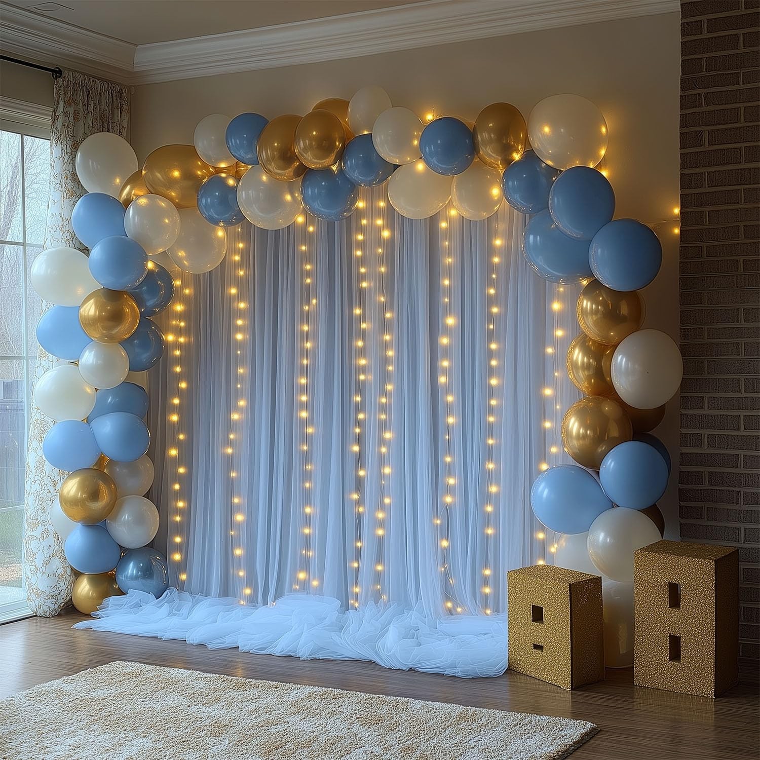 2 PCS 10×10 FT Baby Blue Tulle Backdrop Curtain String Light Sheer Drape