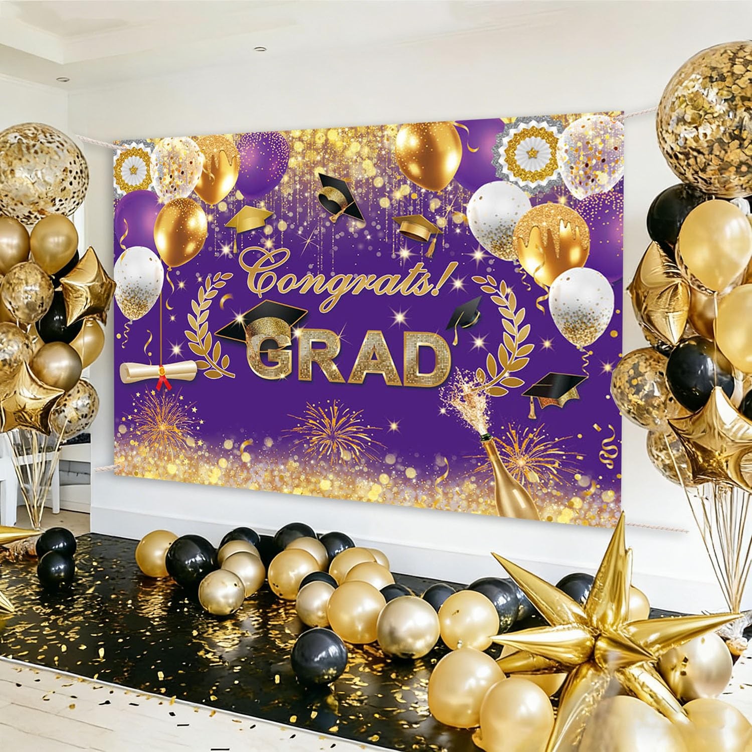 7x5ft Congrats Grad Backdrop Purple Gold Glitter Graduation Photography Backgrou