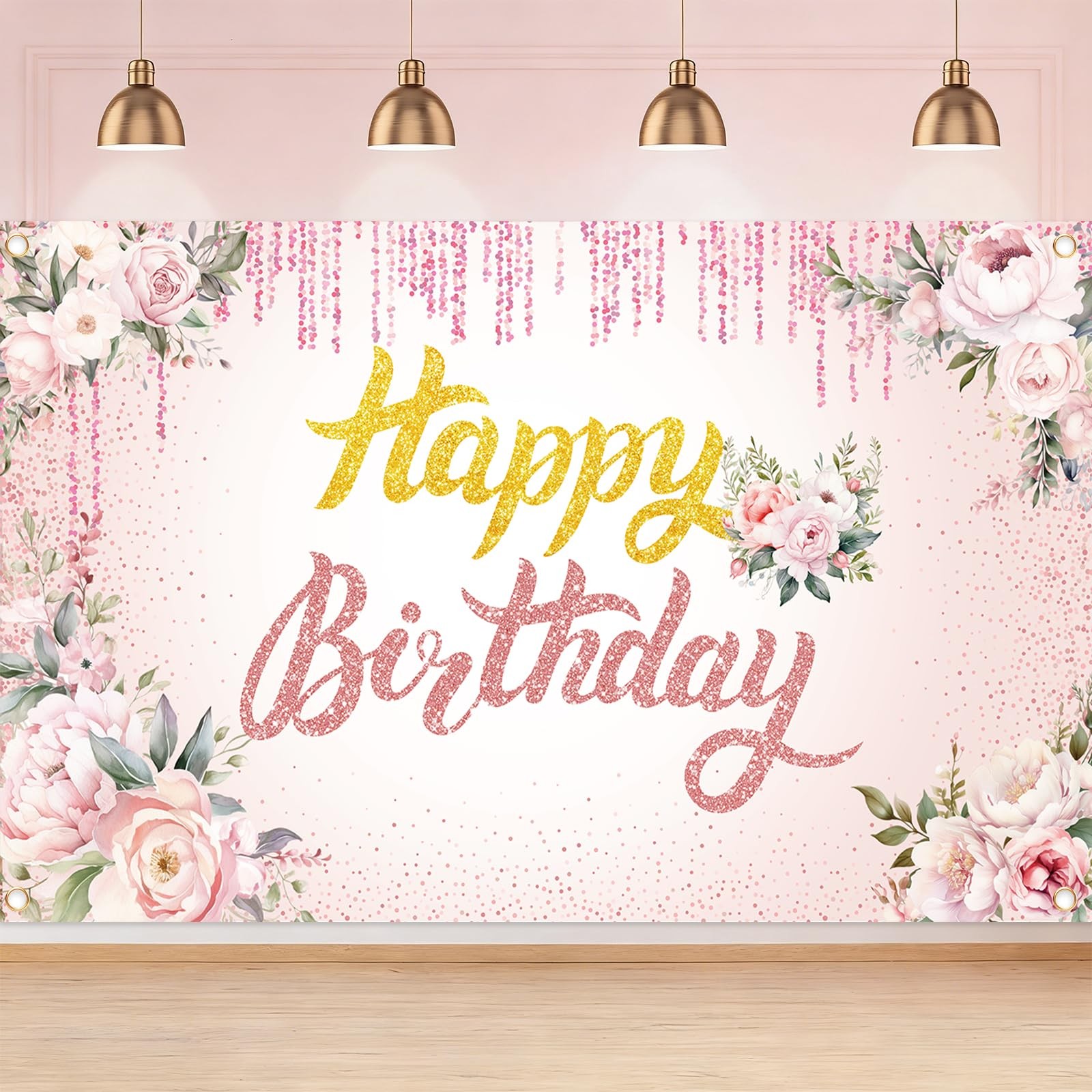 Happy Birthday Backdrop Banner, 3 x 5Ft Floral Background Party Supplies Pink…
