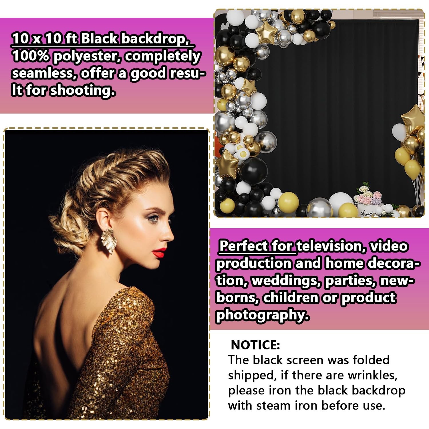 Black Backdrop 10 X 10 Ft, Solid Black Photo Backdrop, High Density Polyester…