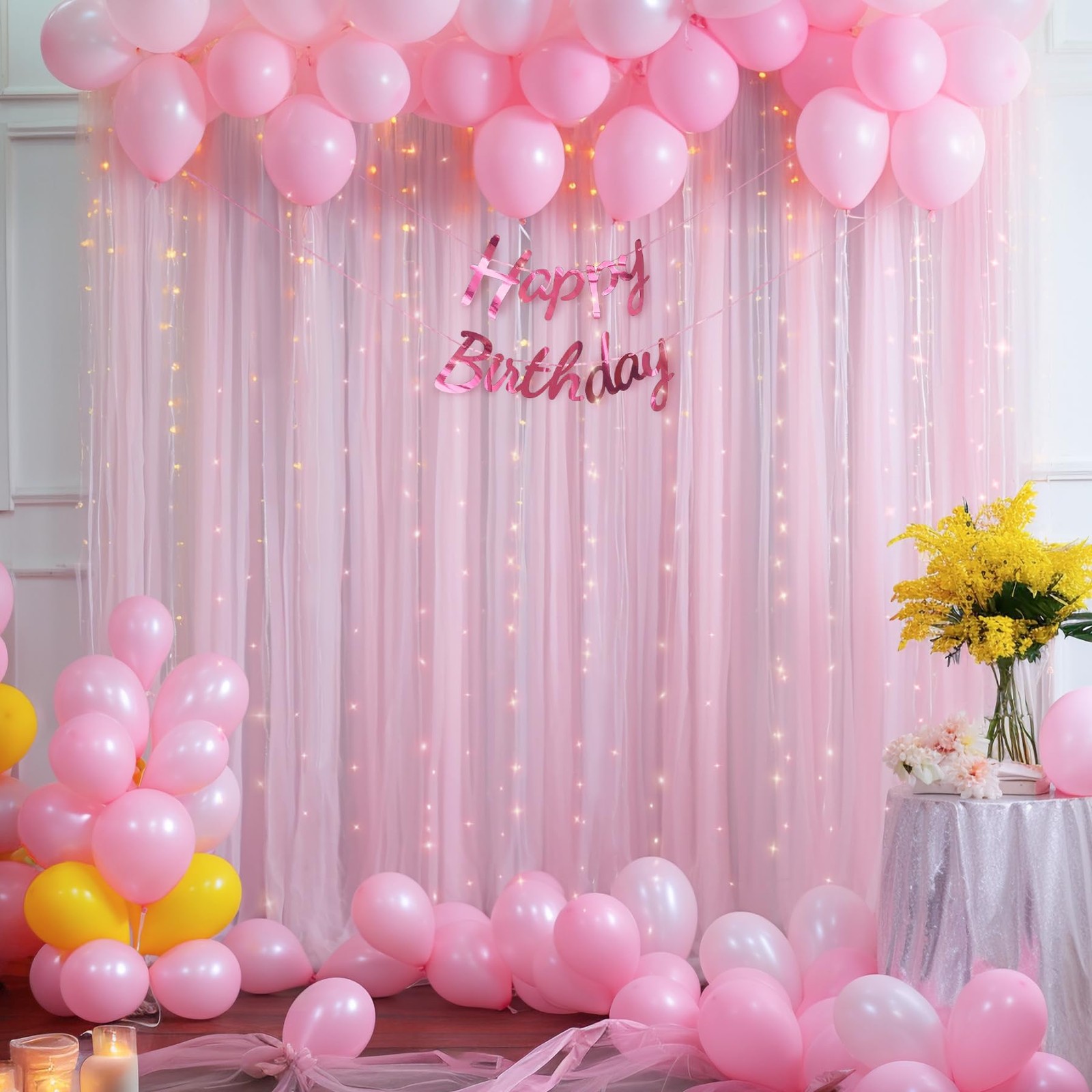 108 Ft Pink Tulle Curtain Backdrop String Light Sheer Photo Baby Shower