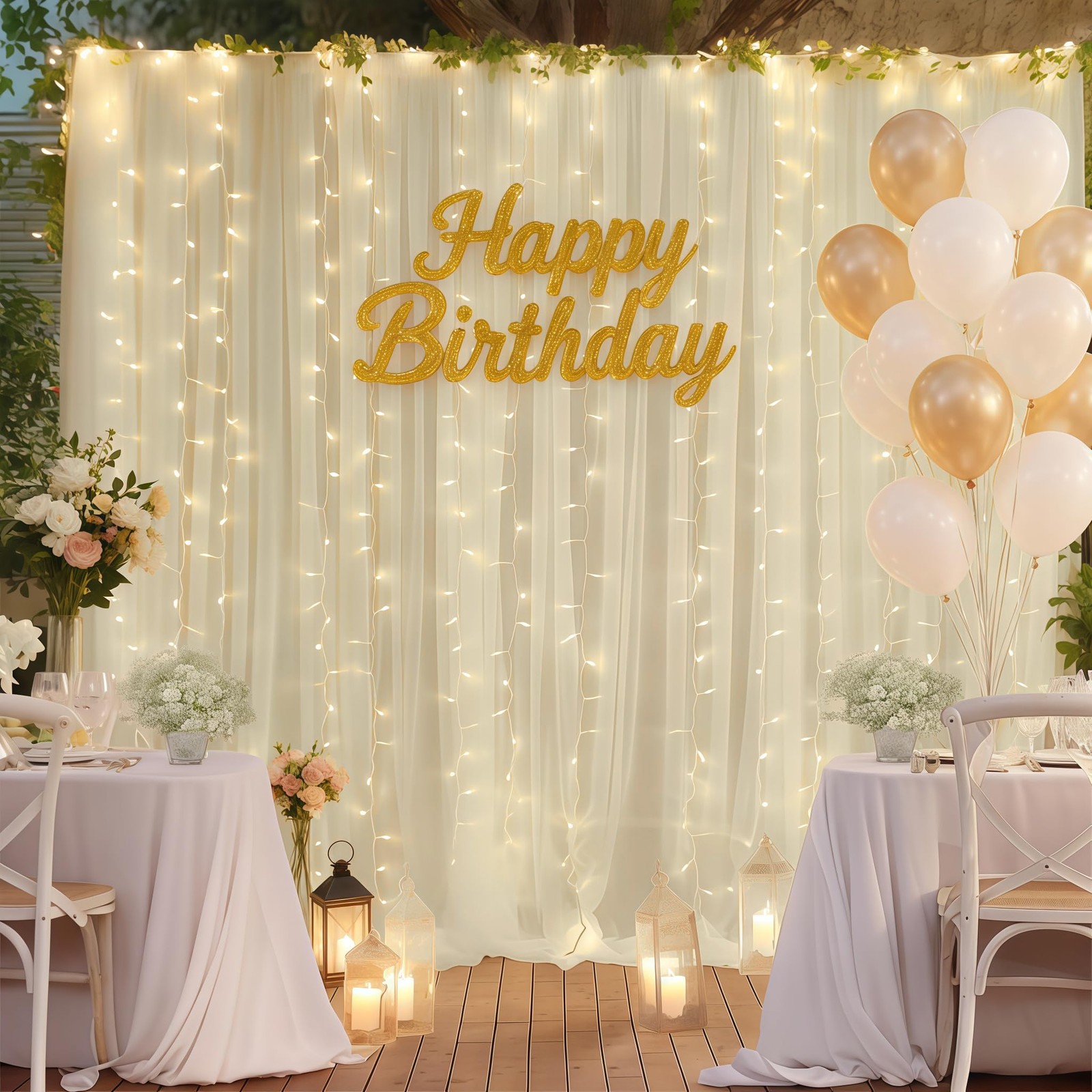 10ft Cream White Tulle Backdrop Curtain Lights Wedding Party Decor Set