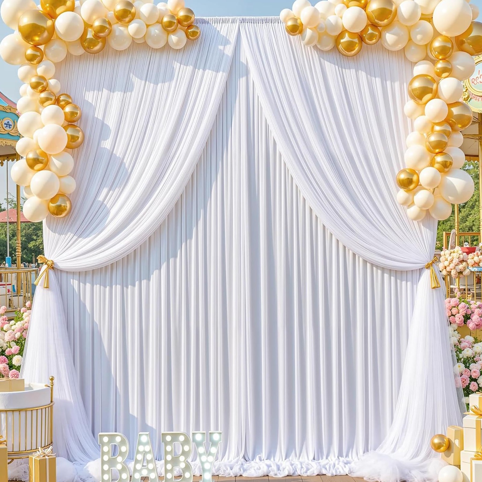 50ft x 15ft White Backdrop Curtain x (W5′ x H15′, 10panels),