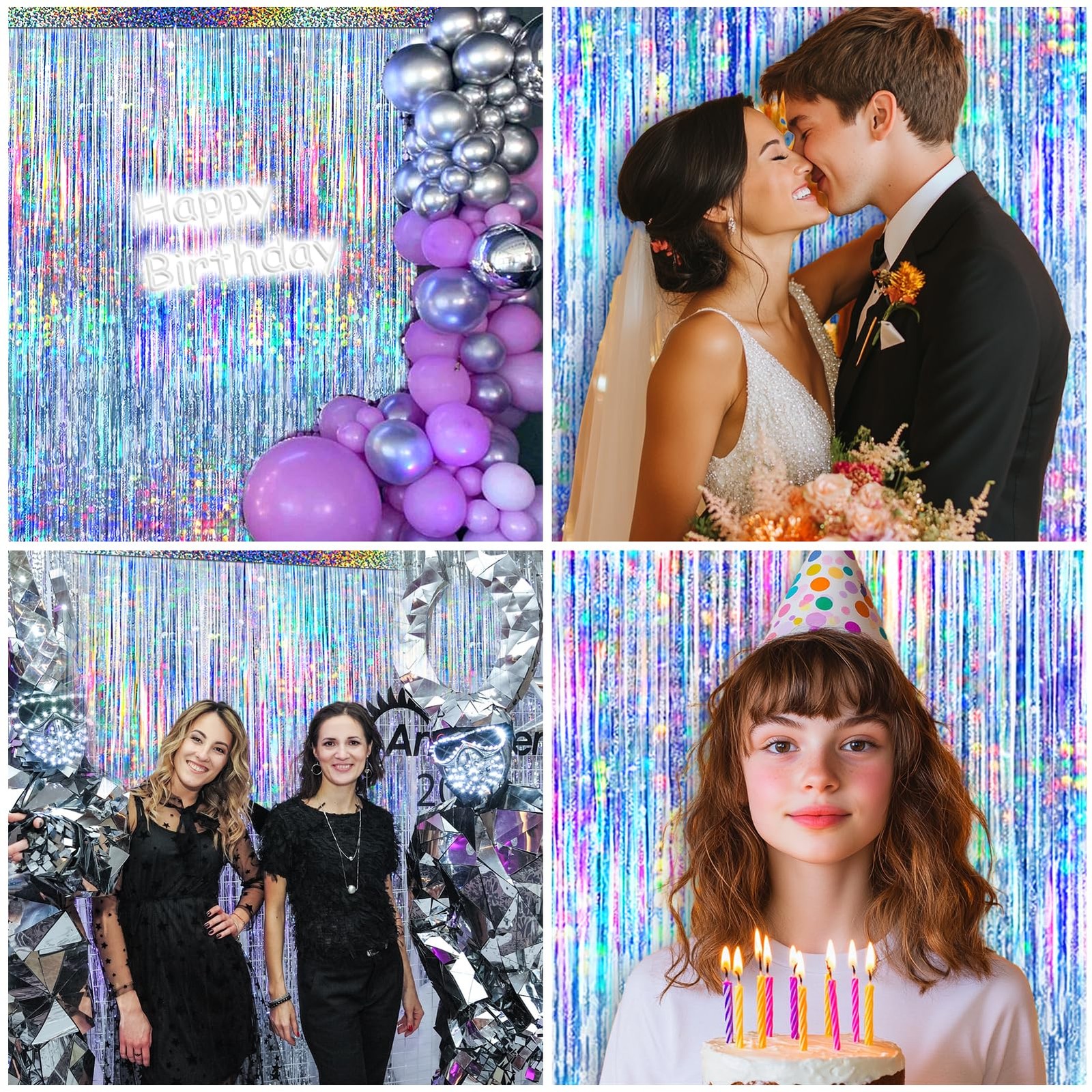 4 Packs Silver Foil Fringe Curtain, Silver Glitter Metallic Tinsel Backdrop f…