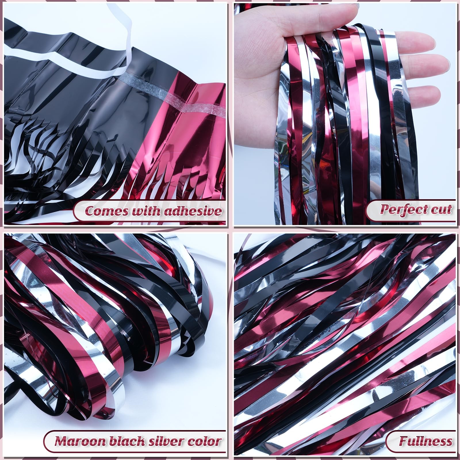 Graduation Foil Fringe Curtain Backdrop Maroon Black Silver 6.6 Ft 3 Pack
