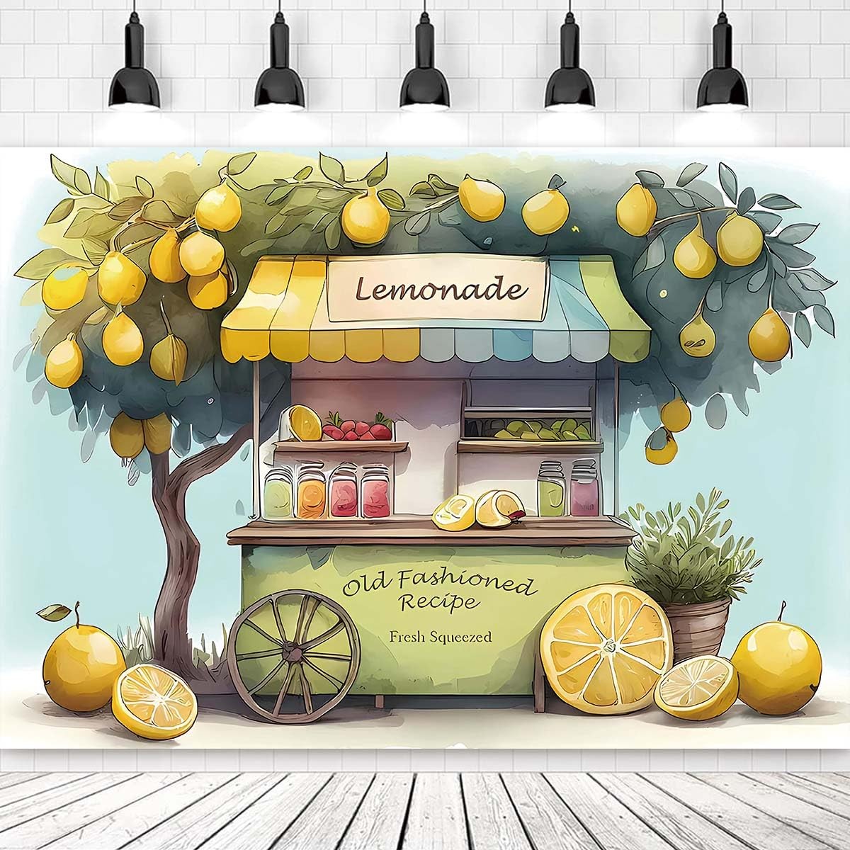 Summer Fruit Lemon Stand Market Photography Backdrop Yellow Tree Kids 7×5 FT