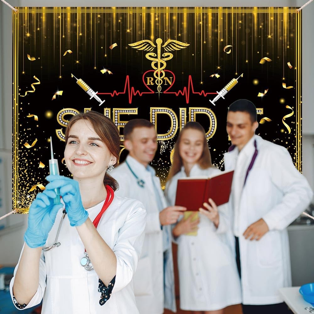 Nurses Graduation Backdrop She Did It Congratulations Graduates Black Gold Glit