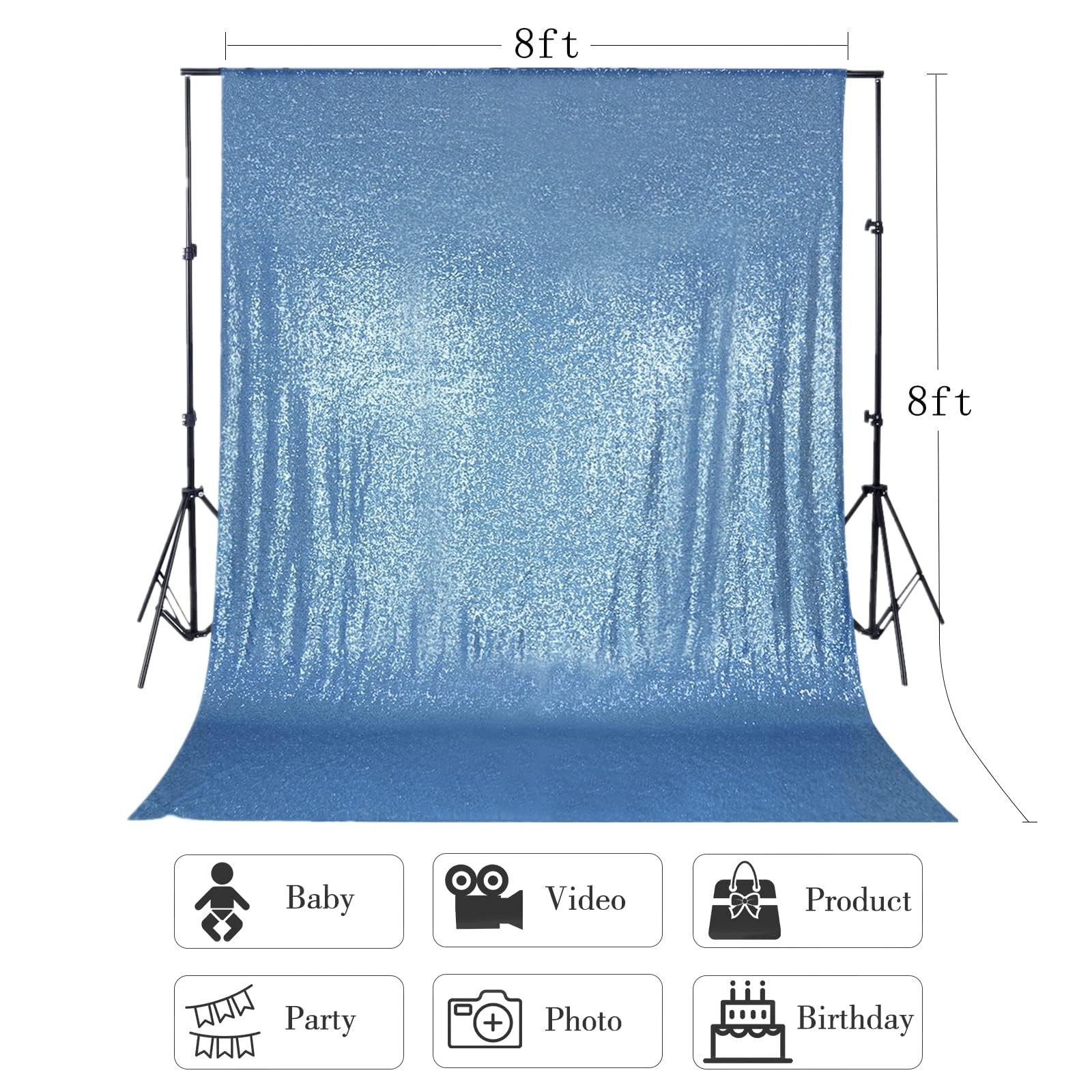 Baby Blue Glitter Shimmer Sequin Party Photo Backdrop Curtain 8×8 Ft Panel