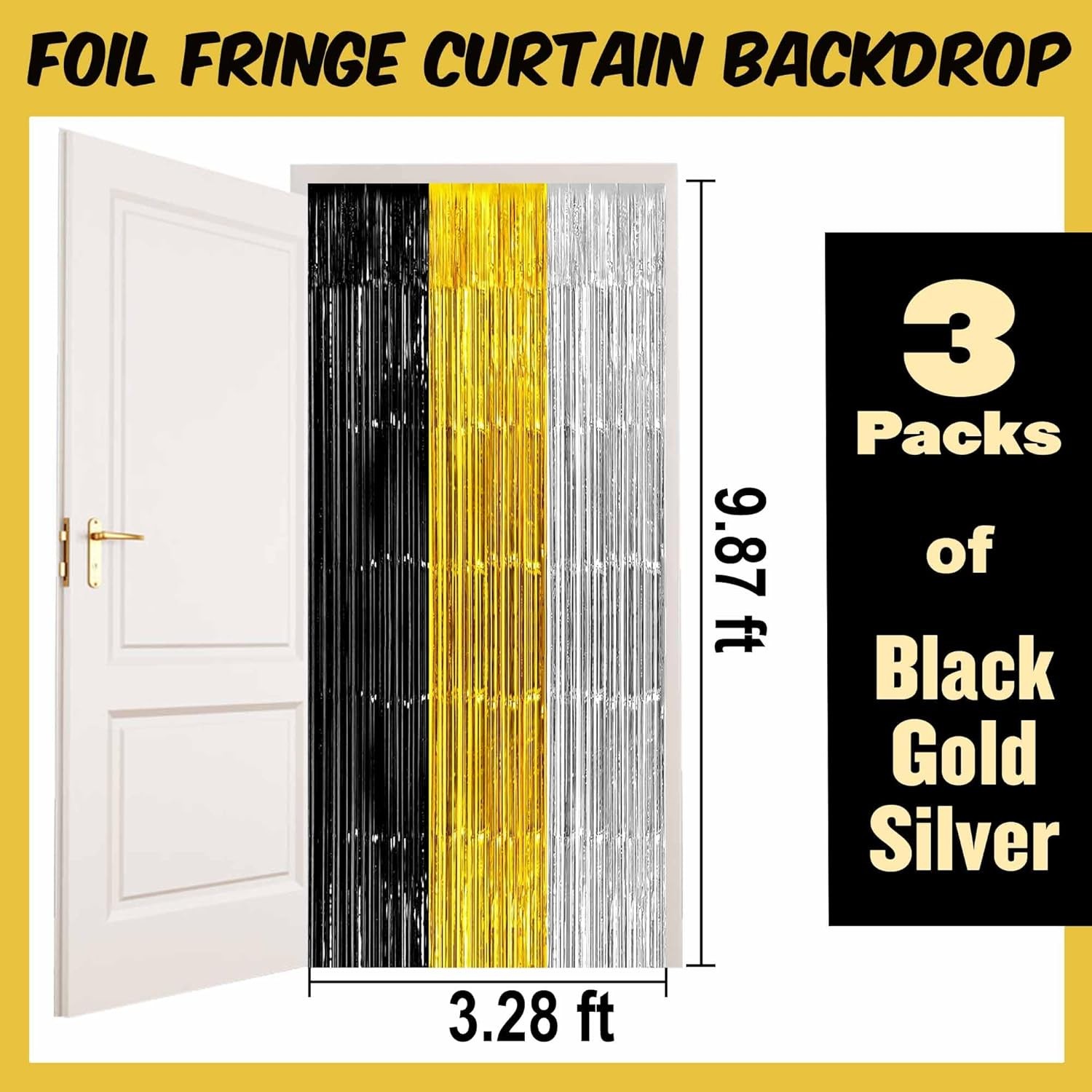 Black Gold Silver Foil Fringe Curtains 3.28×9.8ft Tinsel Backdrop 3 Pack