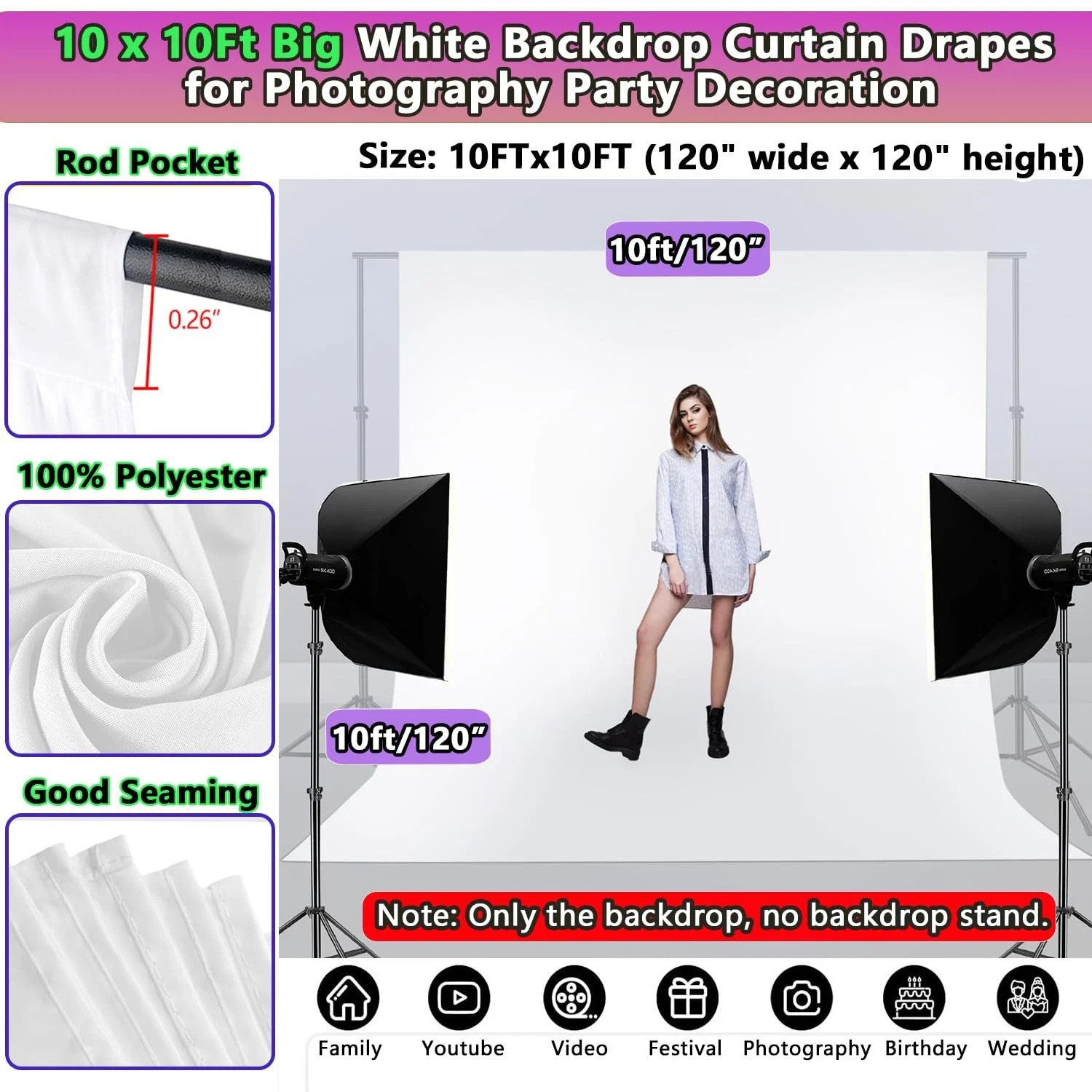 Photo Backdrop White 10 x 10ft, White Backdrop for Photoshoot, Solid White Ph…