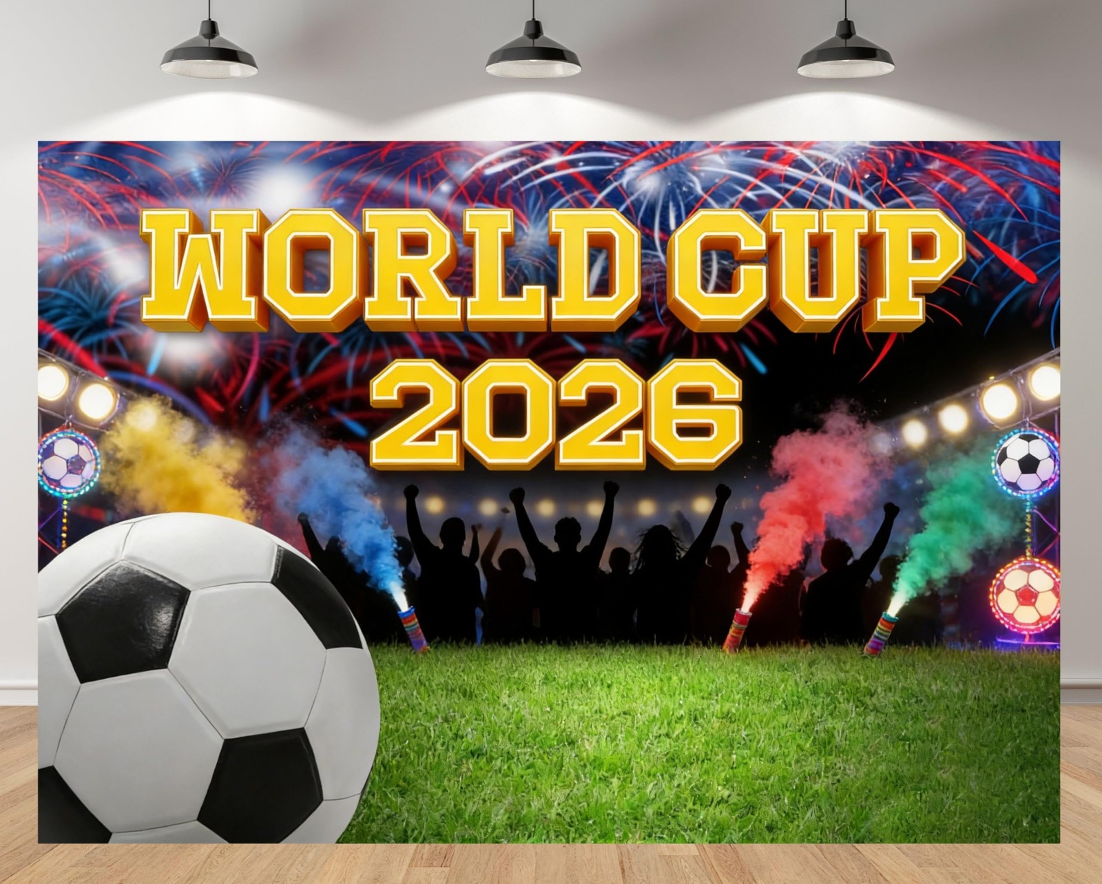 7x5ft World Cup 2026 Backdrop Fireworks Colorful Smoke Soccer Ball Stadium Sp…