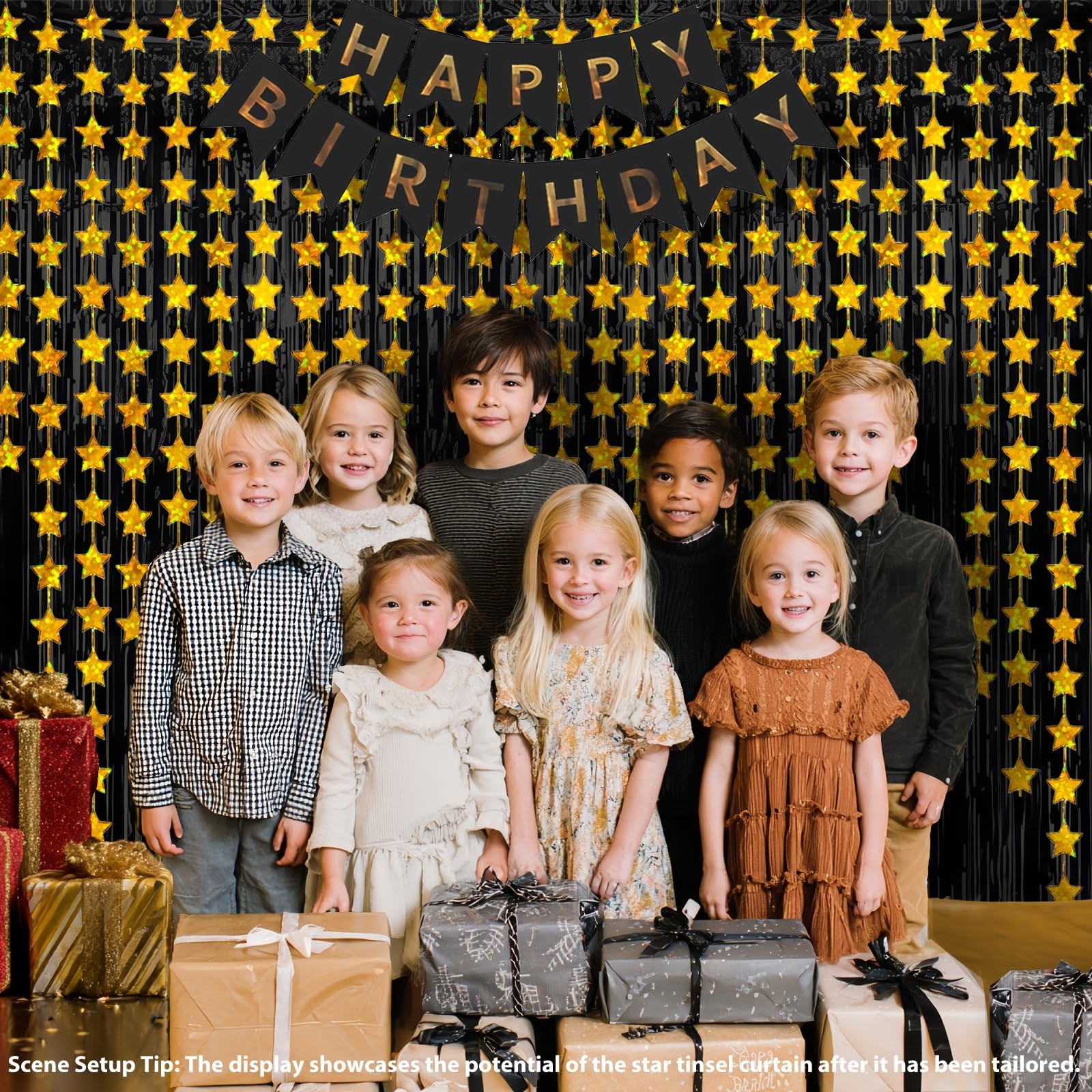 4 PCS 3.3×6.6ft Black Gold Star Tinsel Fringe Curtain Backdrop