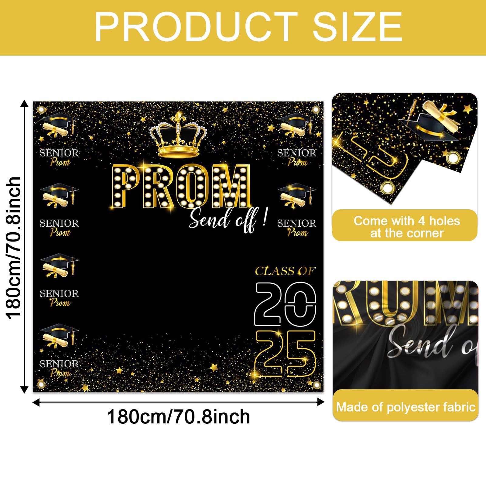 70.8×70.8 Prom 2025 Backdrop, Gold, Congratulations, Graduation Party Bkgd