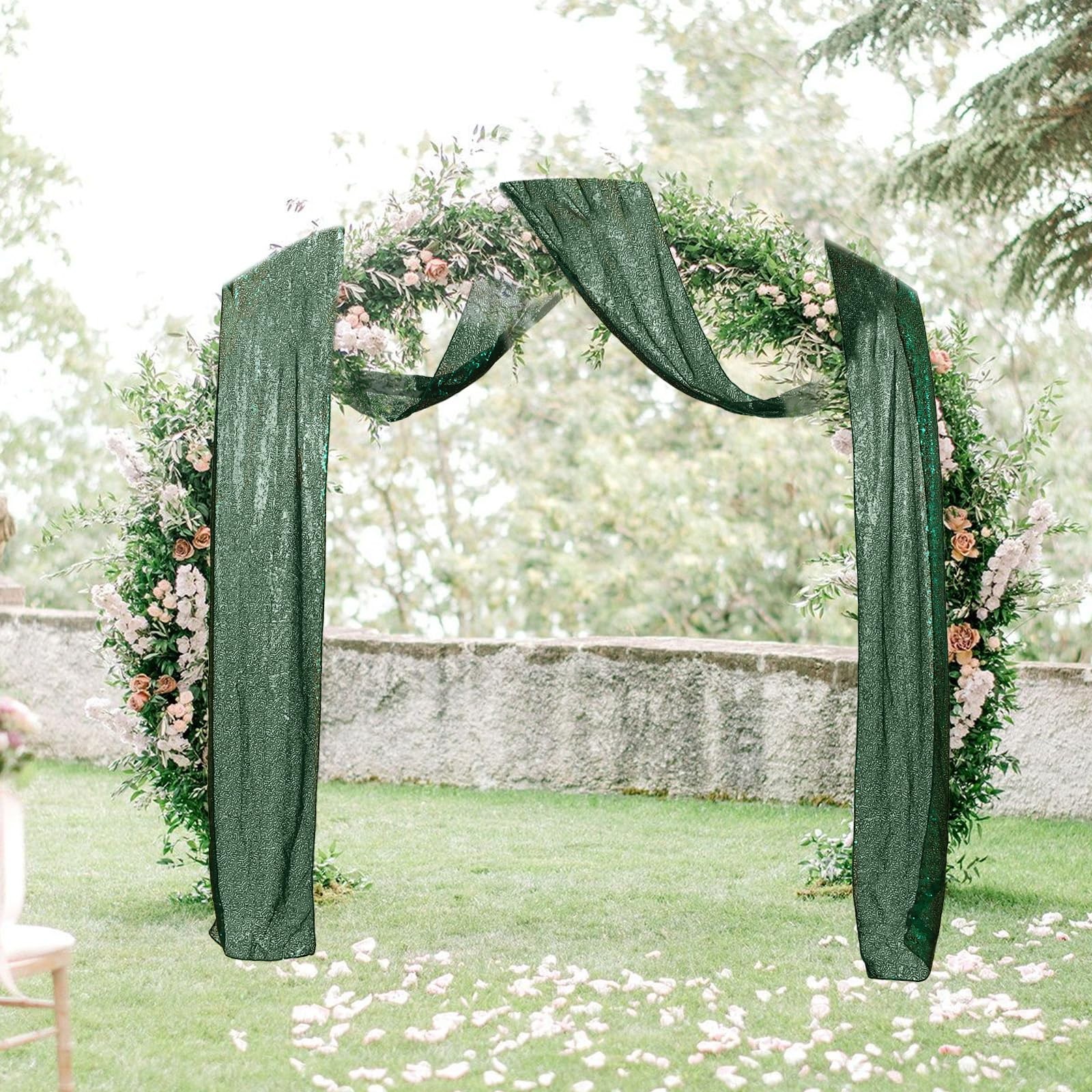 Wedding Arch Draping Fabric 1 Panel 12 Inch x 20ft Gold Sequin Dark Green