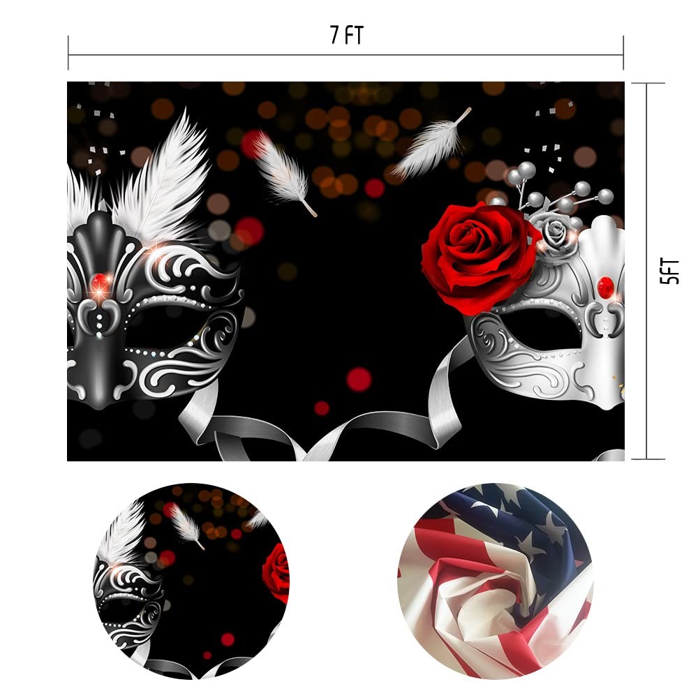 Masquerade Backdrop 7x5ft Silver Rose Feather Black Photography Background