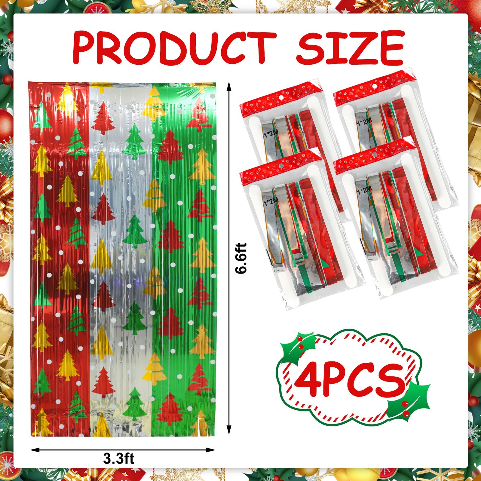 4 Pack Christmas Foil Fringe Curtains 3.3 x 6.6 Ft Christmas Tree Tinsel Curt…