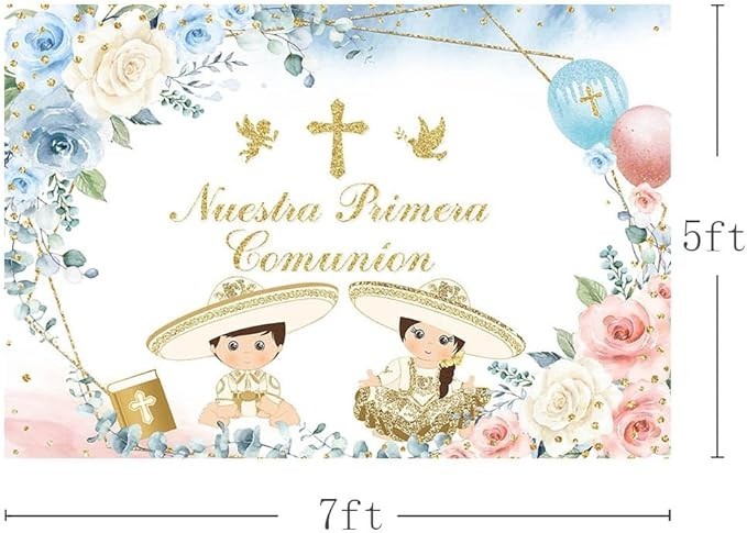 7x5ft Nuestra Primera Comunion Backdrop, Blue and Pink First Communion Christeni
