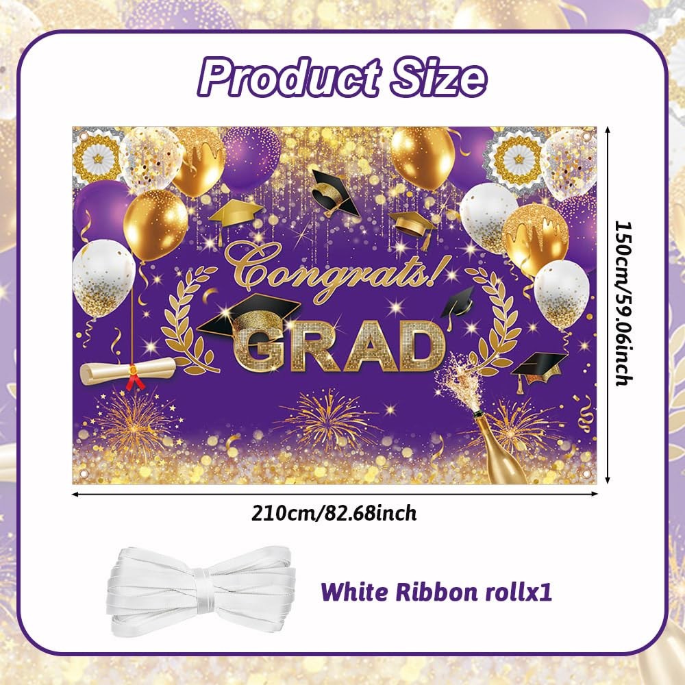 7x5ft Congrats Grad Backdrop Purple Gold Glitter Graduation Photography Backgrou