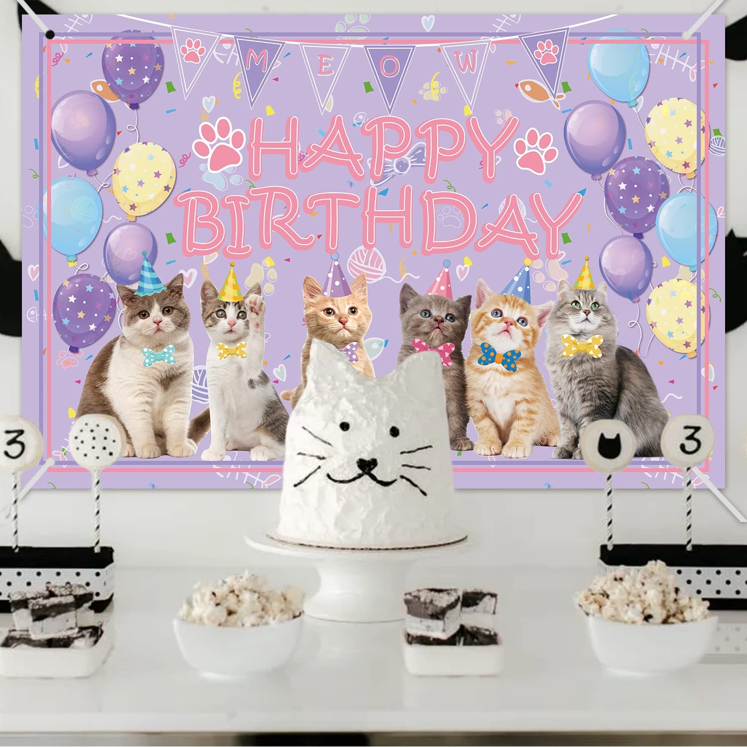 Cat Party Decoration Supplies – Happy Birthday 72 x 47 inches, Pink
