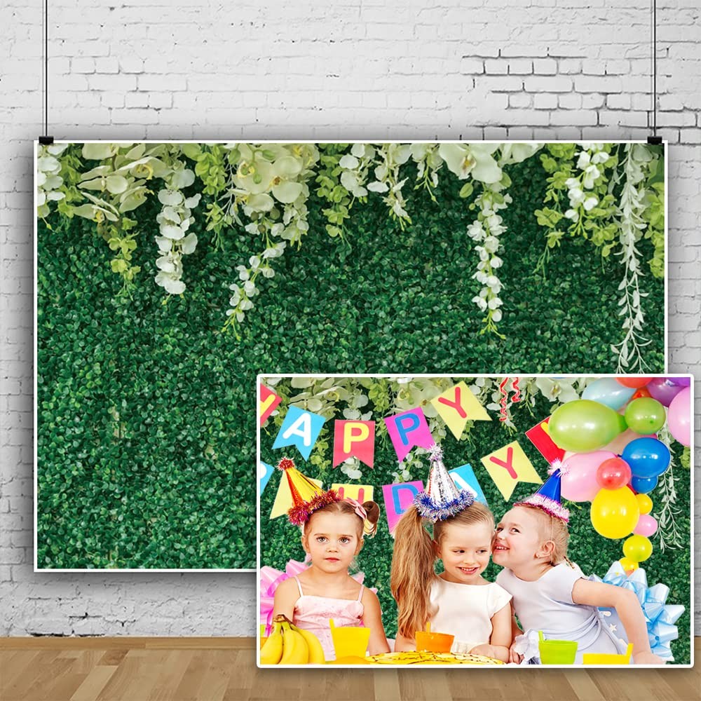 10x8ft Greenery Backdrop, Flower, Spring Green Leaf, White Floral, Photo Wall