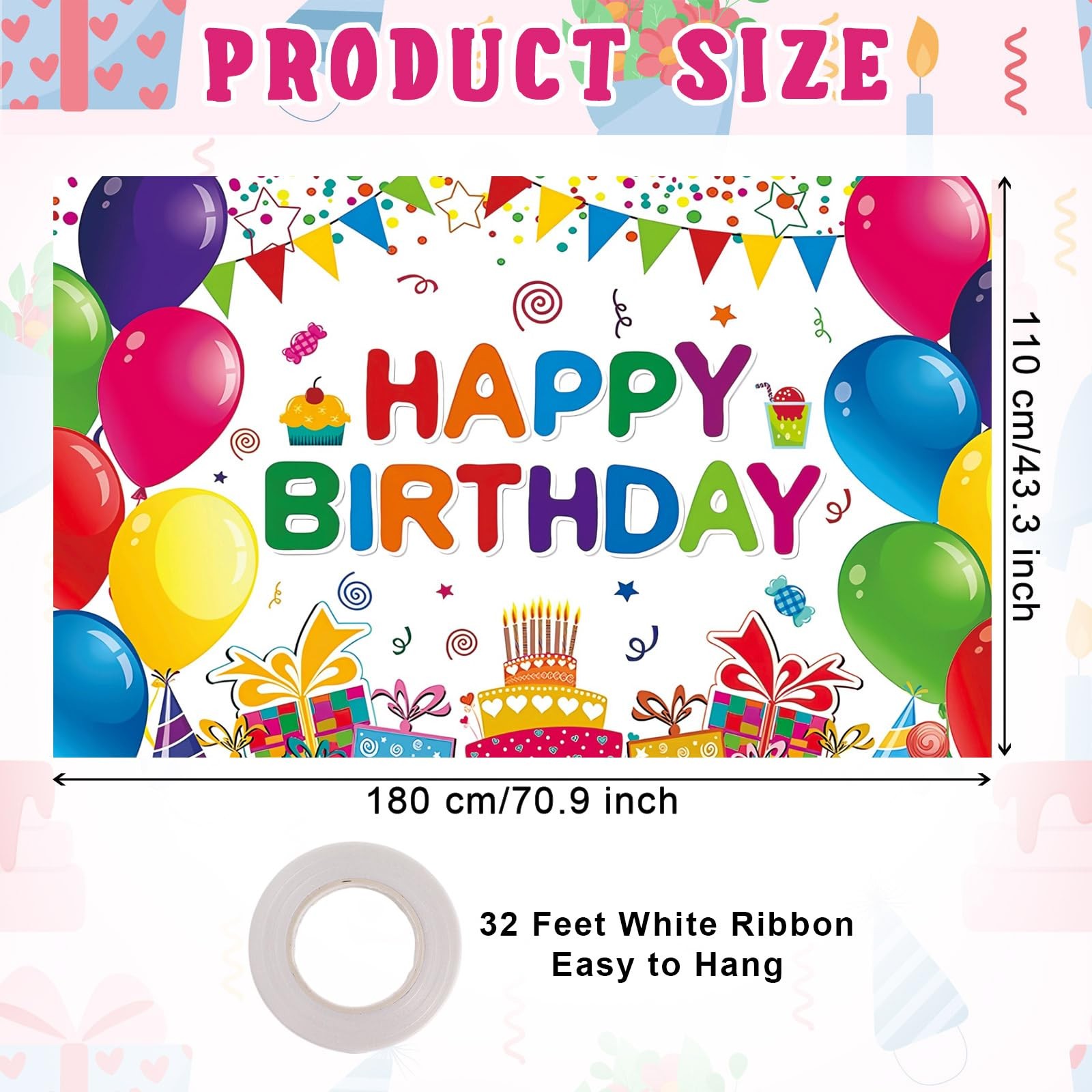 Happy Birthday Backdrop Banner, Colorful Birthdays 6 X 3.6 Feet, Multicolor