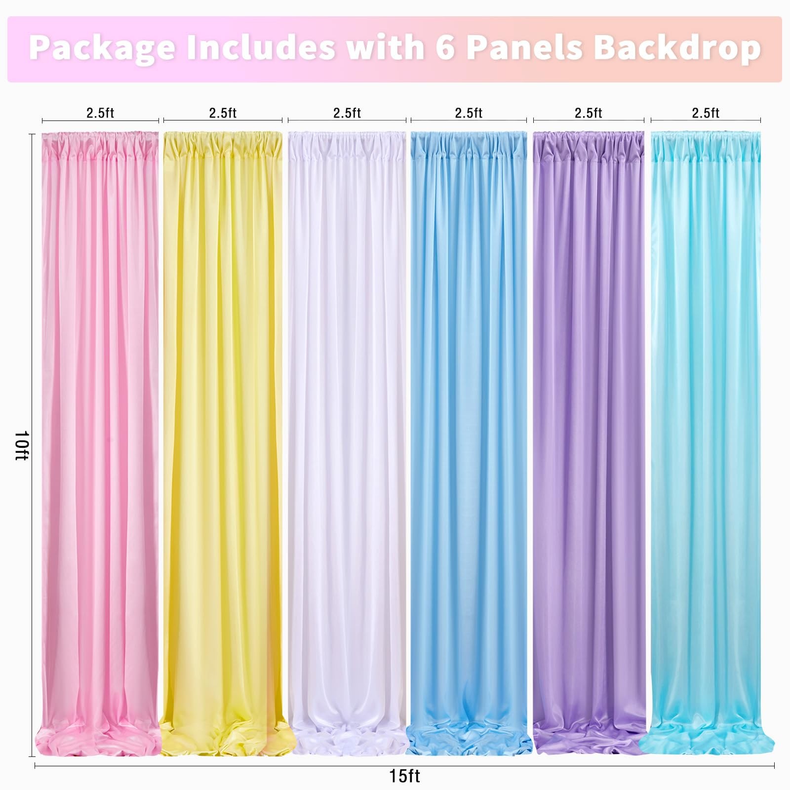 Rainbow Pastel Backdrop Curtains 15x10ft Wrinkle Free 6 Panels 2.5x10ft