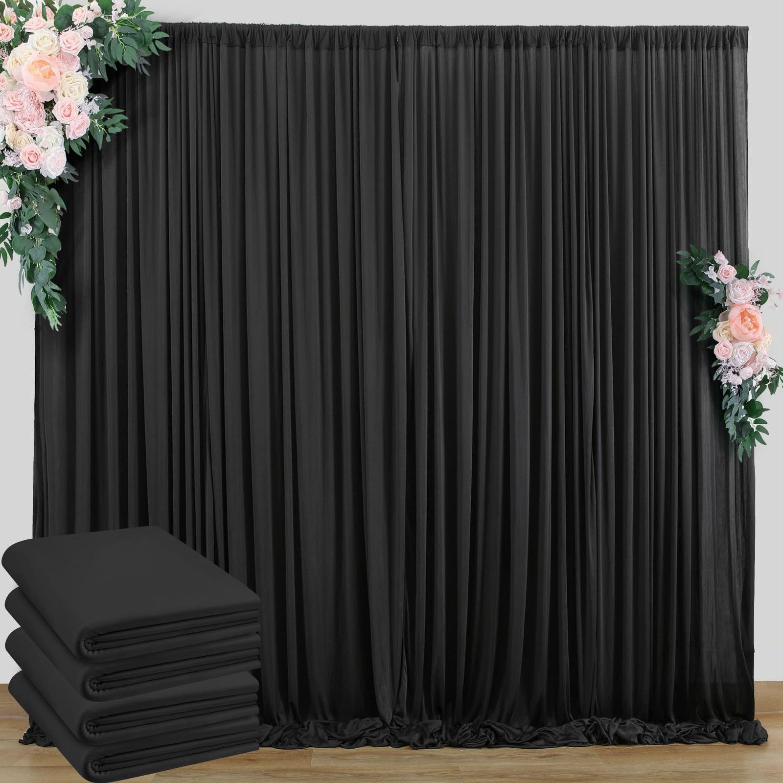 20ft x 10ft Wrinkle Free Black Backdrop Curtain – 4 Panels Polyester Drapes