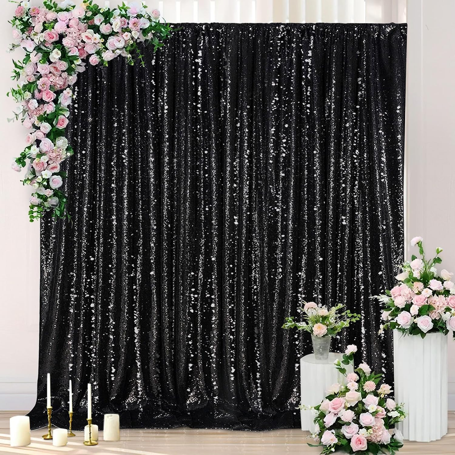 Black Sequin Backdrop Curtain 7ft x 7ft Glitter Photo Booth Backdrop for Wedding