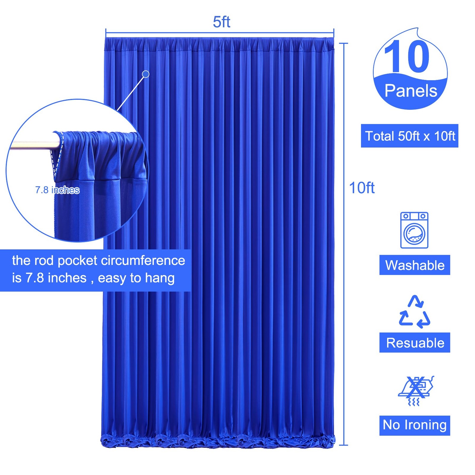 10 Panels Wrinkle Free Royal Blue 50FTx10FT (W5’xH10′, 10 Panels),