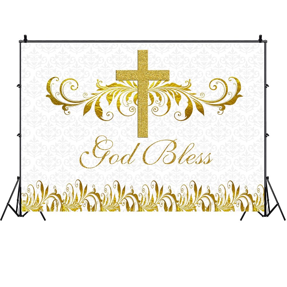 7x5ft God Bless Backdrop Baptism Holy Communion Gold White Floral Decor