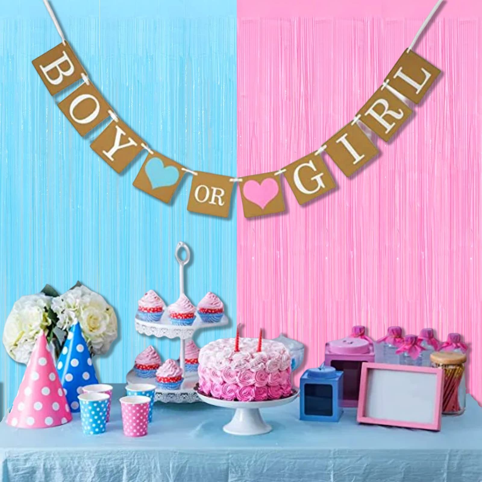 Pink Blue Foil Fringe Curtain Backdrop Gender Reveal Decor 3.2×8.2FT 4 PCS