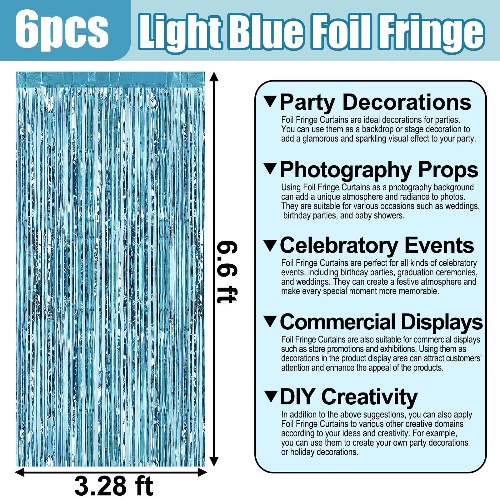 6 PCS 3.28×6.6 Ft Light Blue Foil Fringe Curtain Backdrop Metallic Streamers