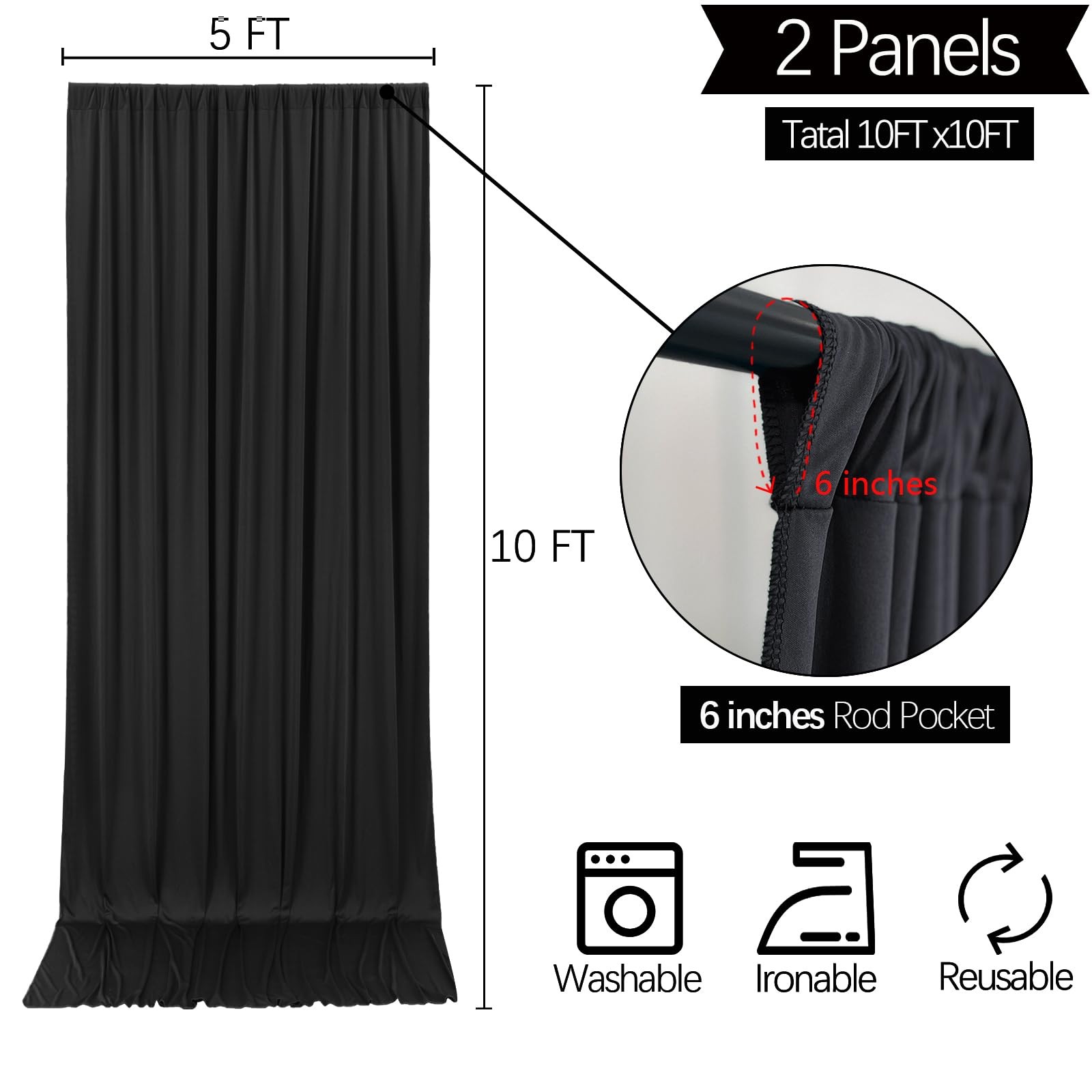 2 Panels 10×10 Ft Black Backdrop Curtains 5×10 Ft Wrinkle Free Soft Fabric