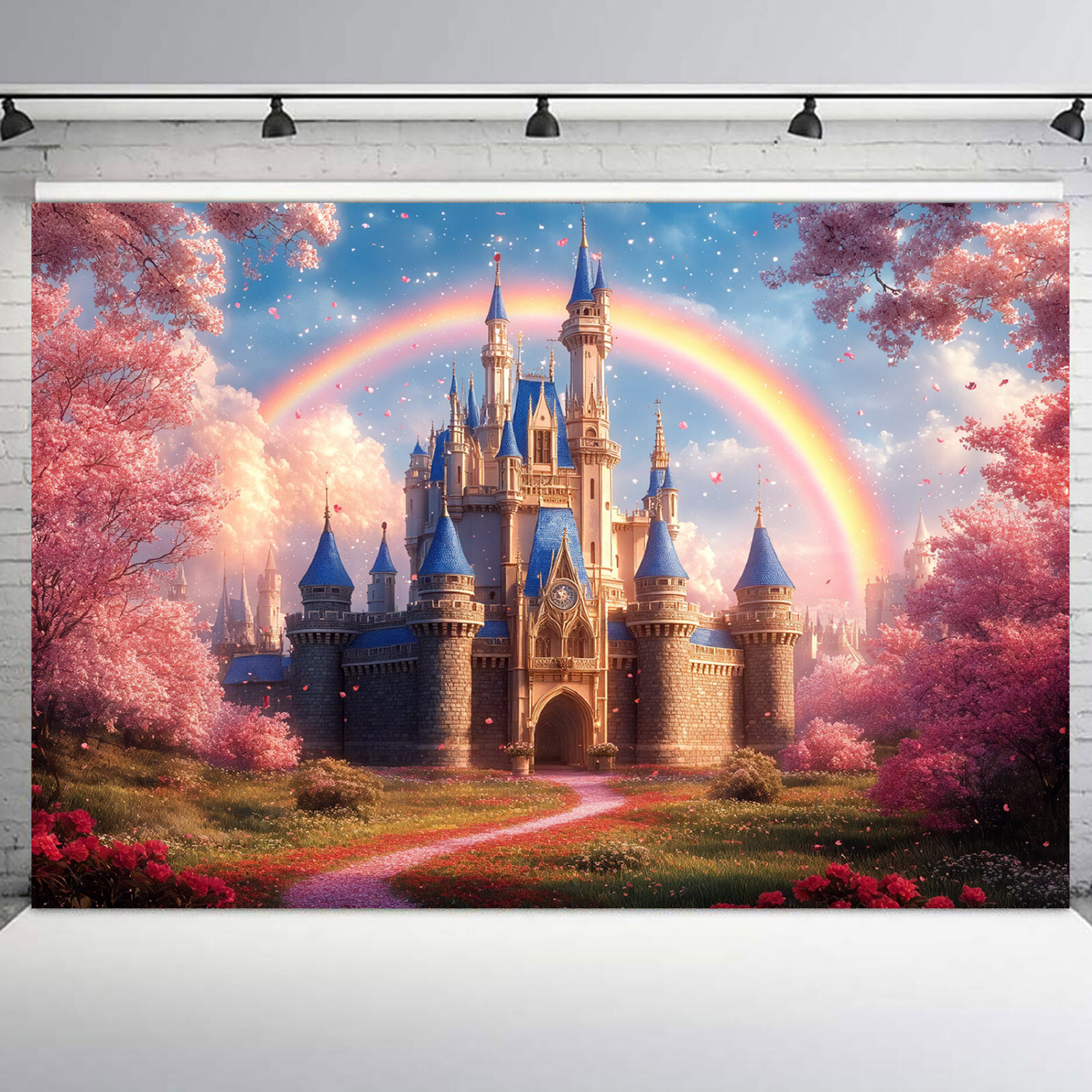 10x8ft Romantic Rainbow Blue Magic Fairy Castle Vinyl Backdrop Photo Background