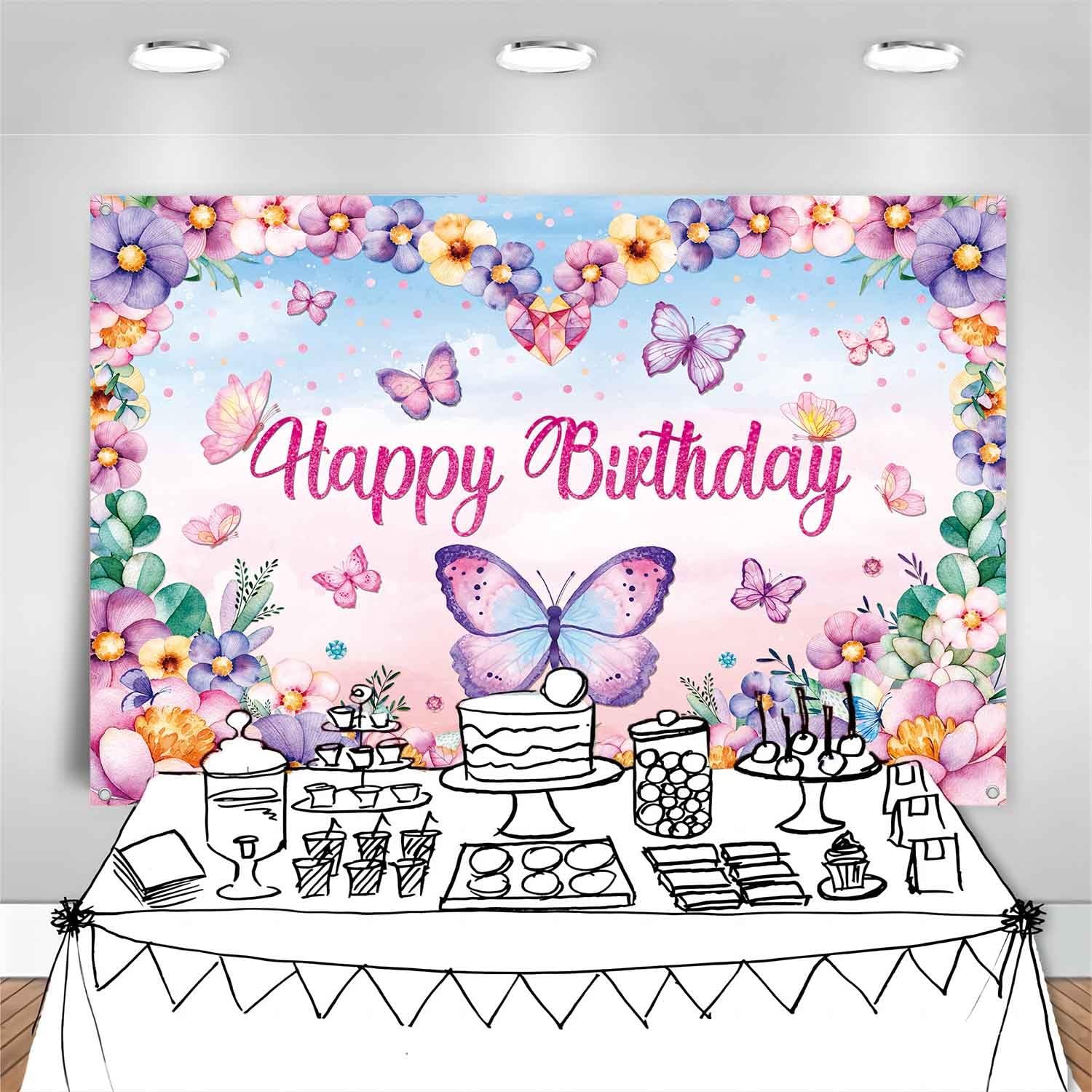 LDWLYW Butterfly Happy Birthday Banner Backdrop Pink Purple Butterflies Birthday