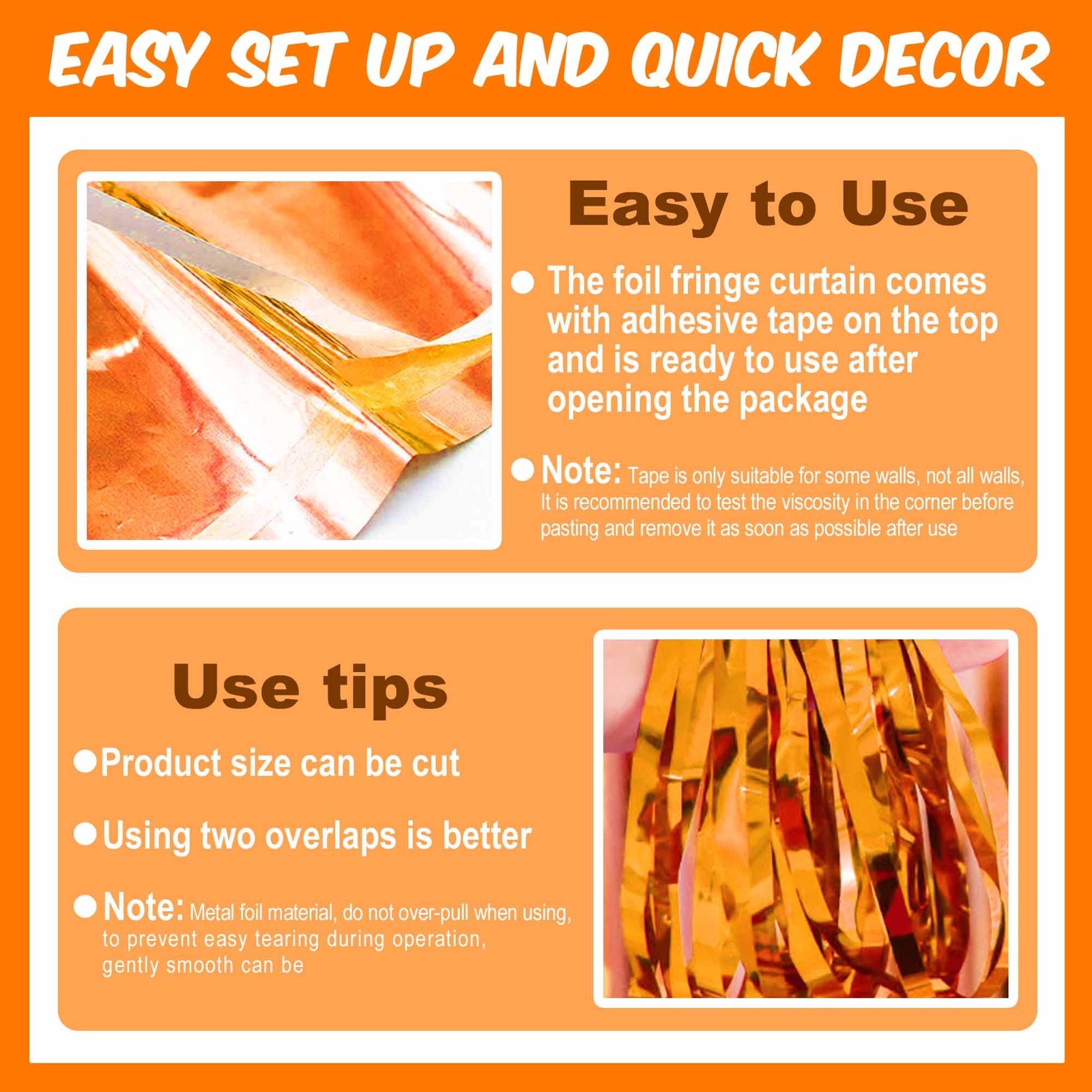 6 Pack Orange Foil Fringe Curtains Backdrop 3.28 x 6.6 Ft Metallic Party Decor