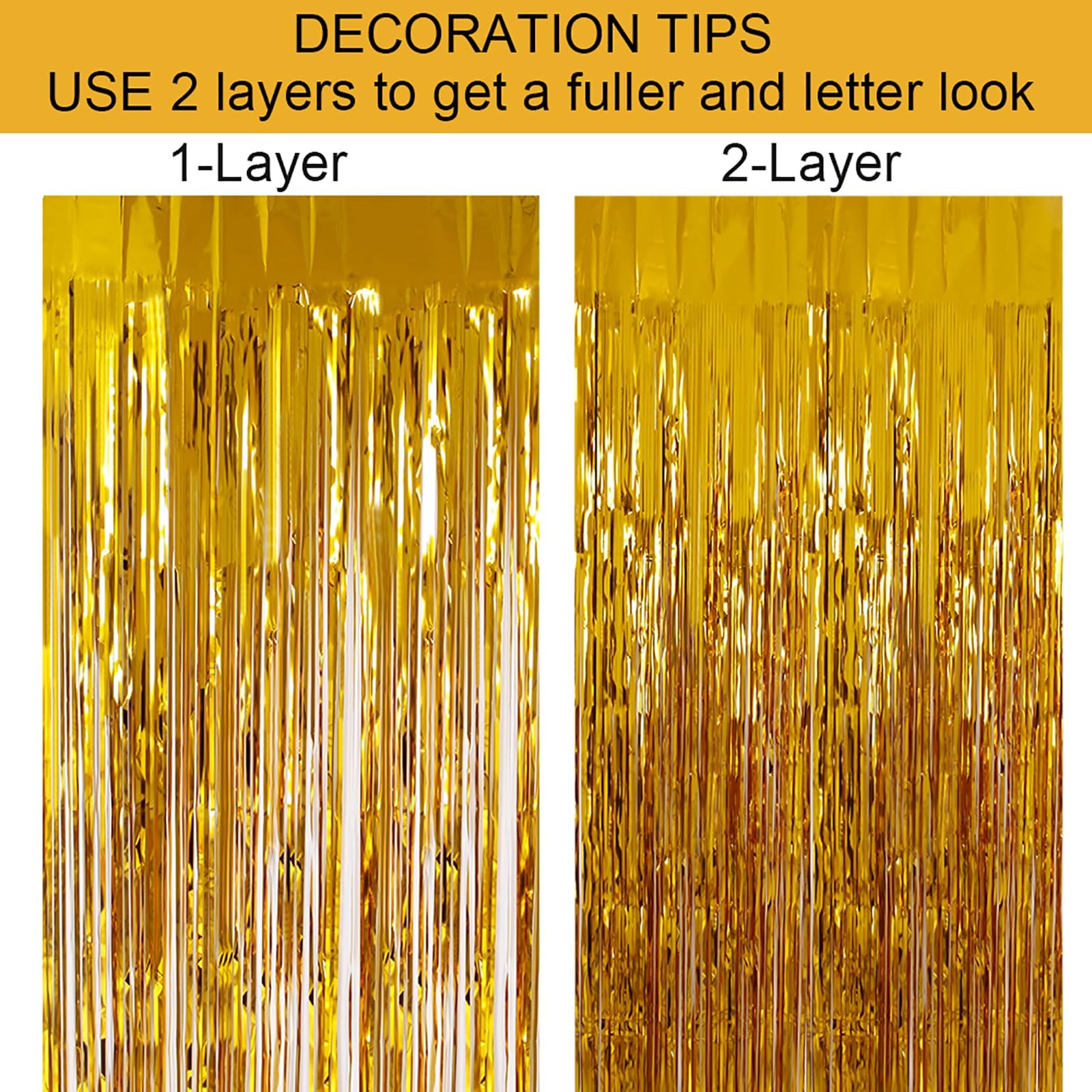 2 PCS Gold Tinsel Foil Fringe Curtain Photo Streamer Backdrop 3.28×6.56 FT