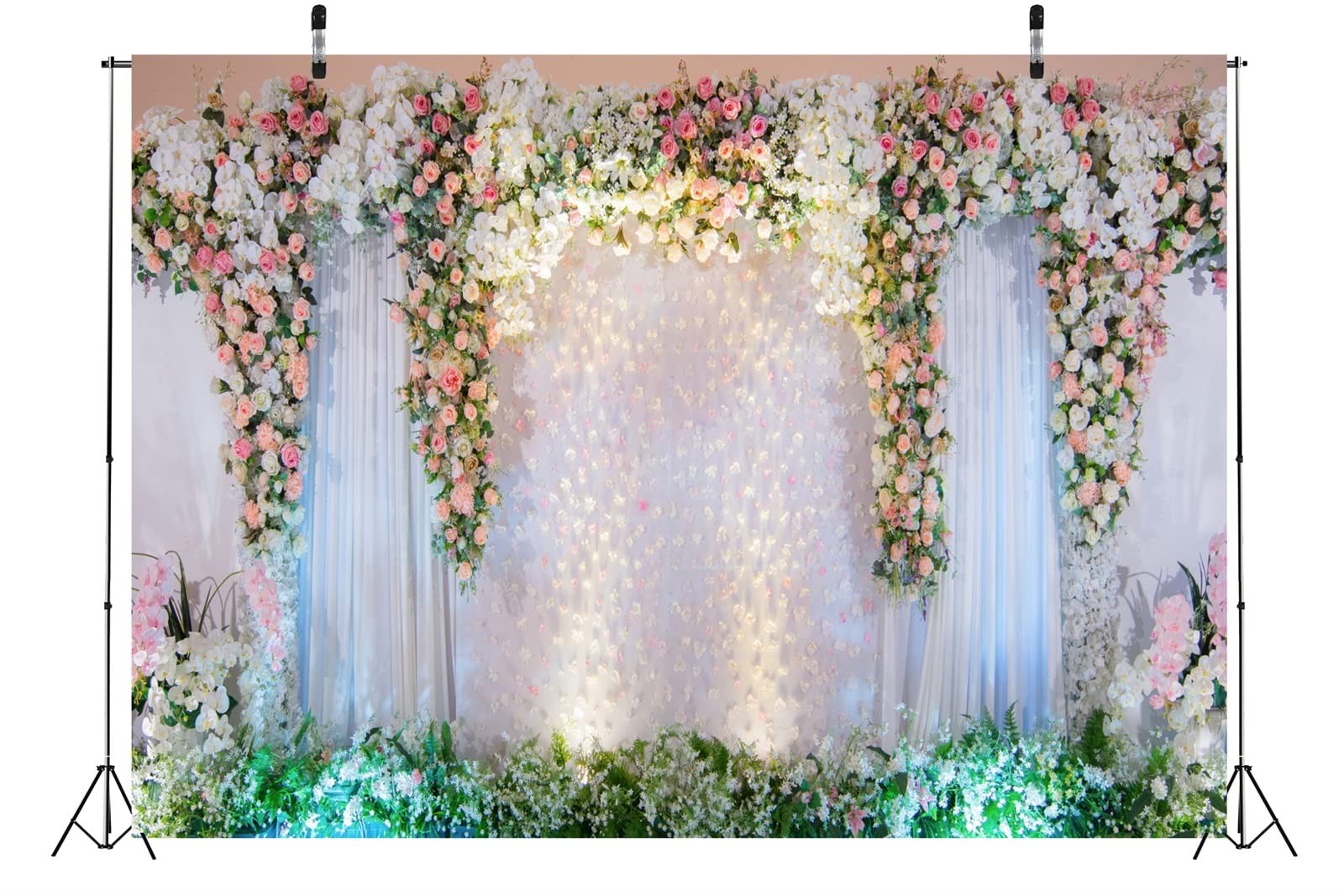 White Stage Curtain Wedding Backdrop Pink Rose Flowers Photo Background
