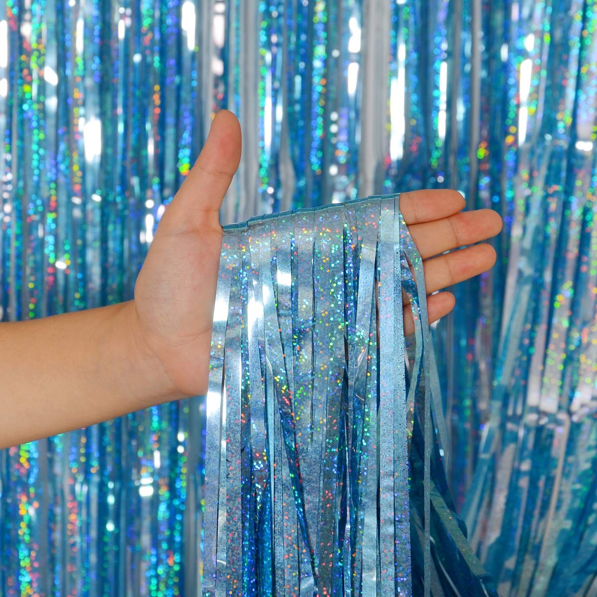 3 Pack 3.2 x 8.2 Ft Foil Fringe Curtain Light Blue Easter Decorations Backdrop