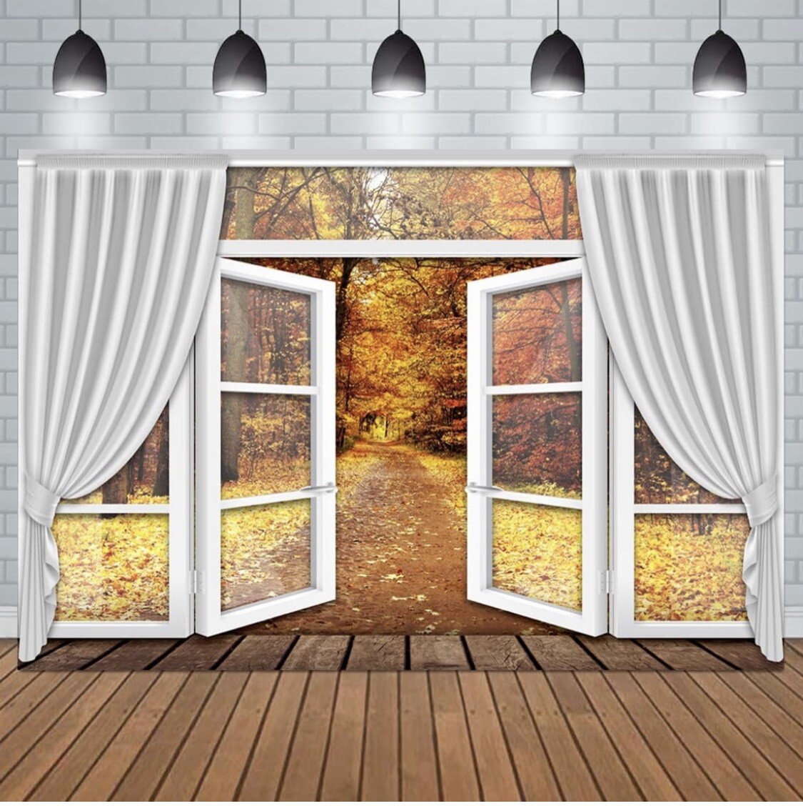 Autumn Forest Photography Backdrop 7 X5 Ft White French Window Curtain Fall Land