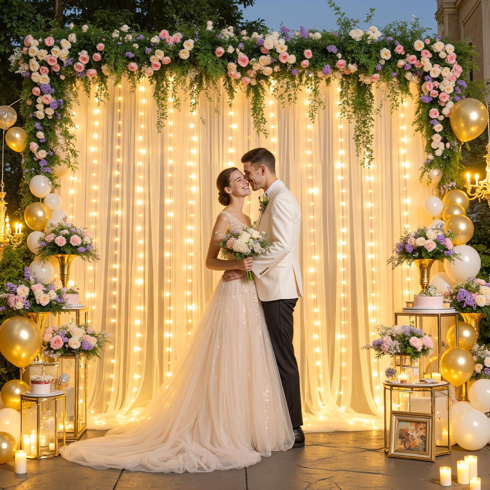 Champagne Tulle Backdrop Curtain with Lights String for Parites Wedding 5x8ft…