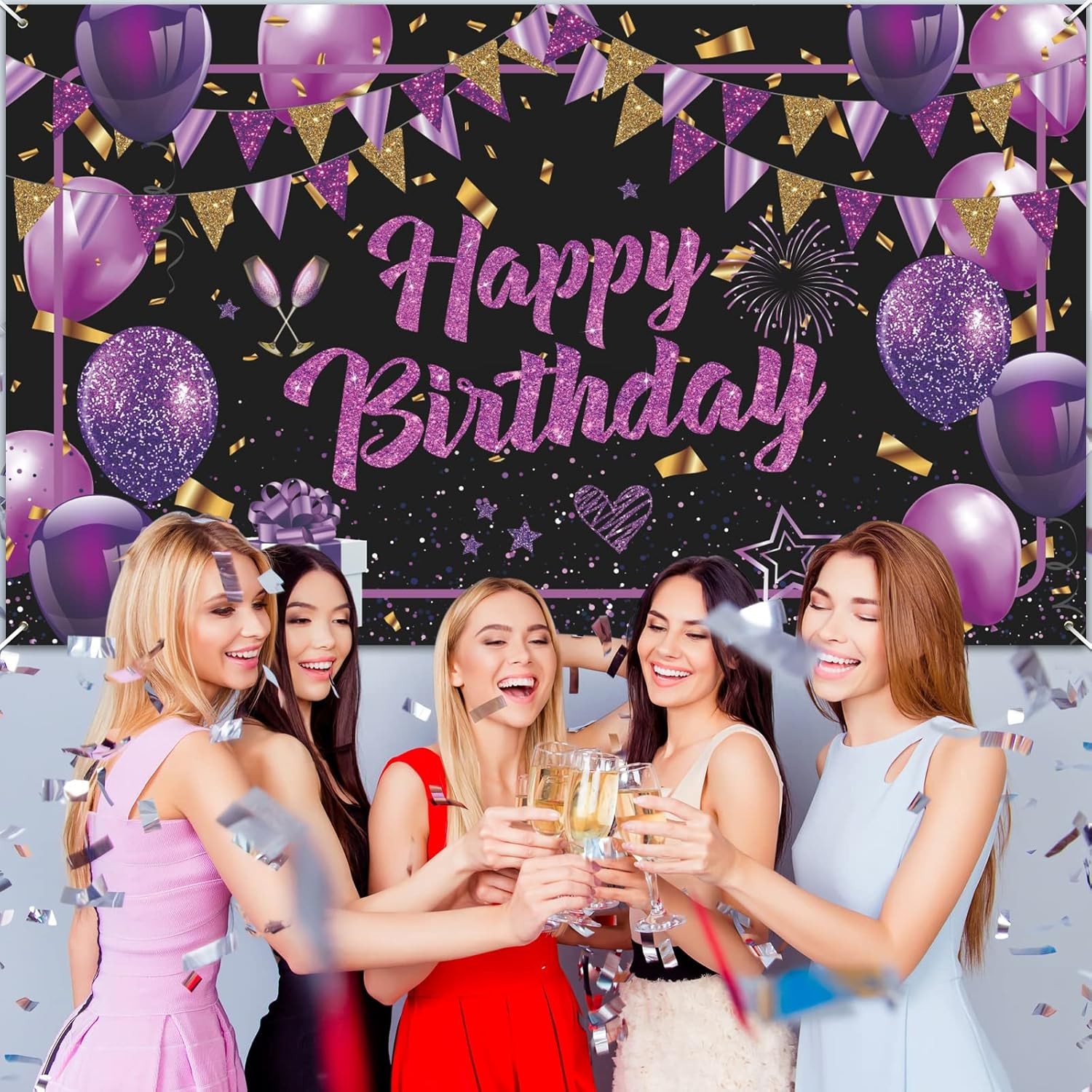 Purple Happy Birthday Banner – Black Gold Party Decorations Large,