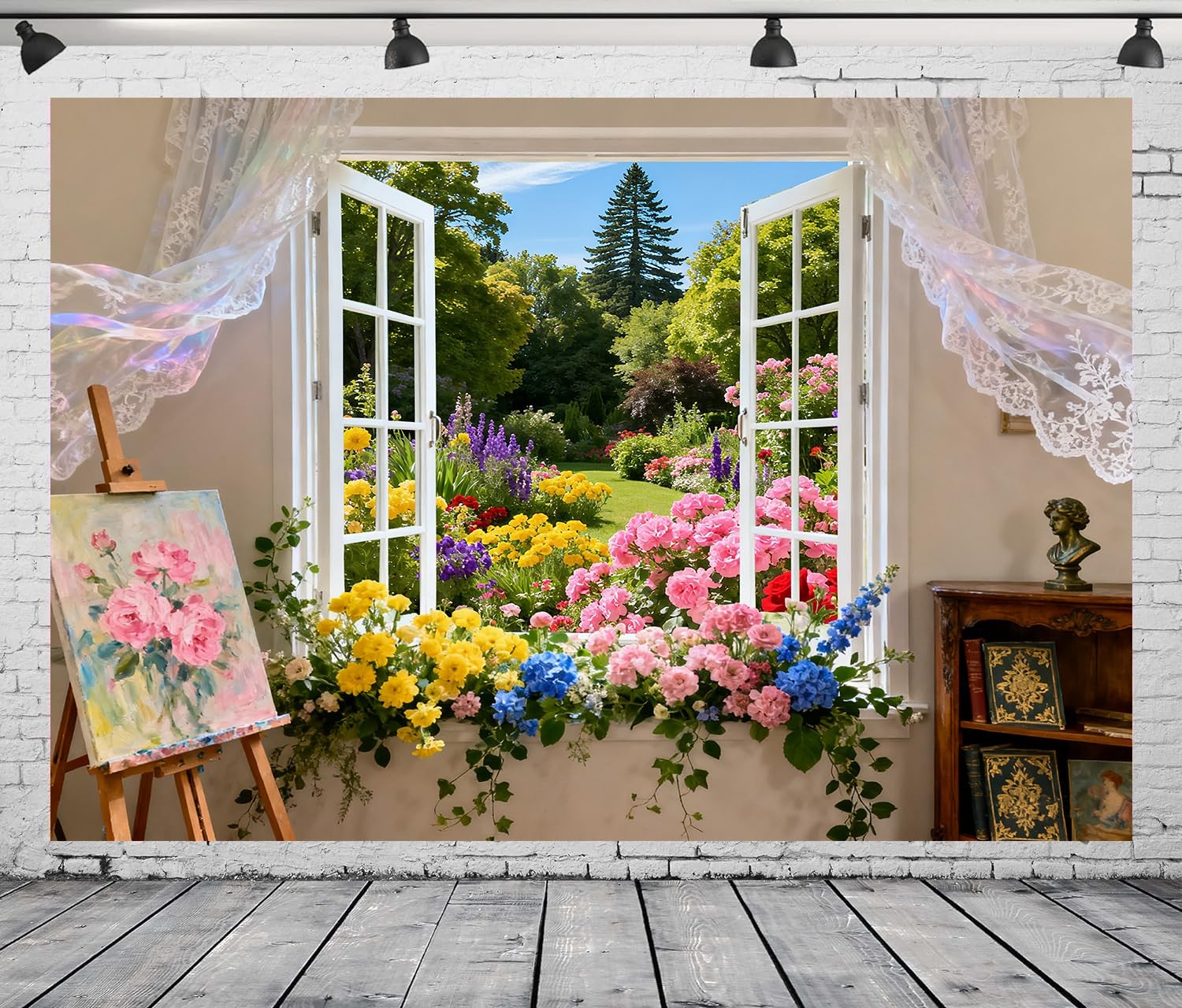 Spring Summer Garden White Window Blooming Flowers Curtain Backdrop 7×5 FT