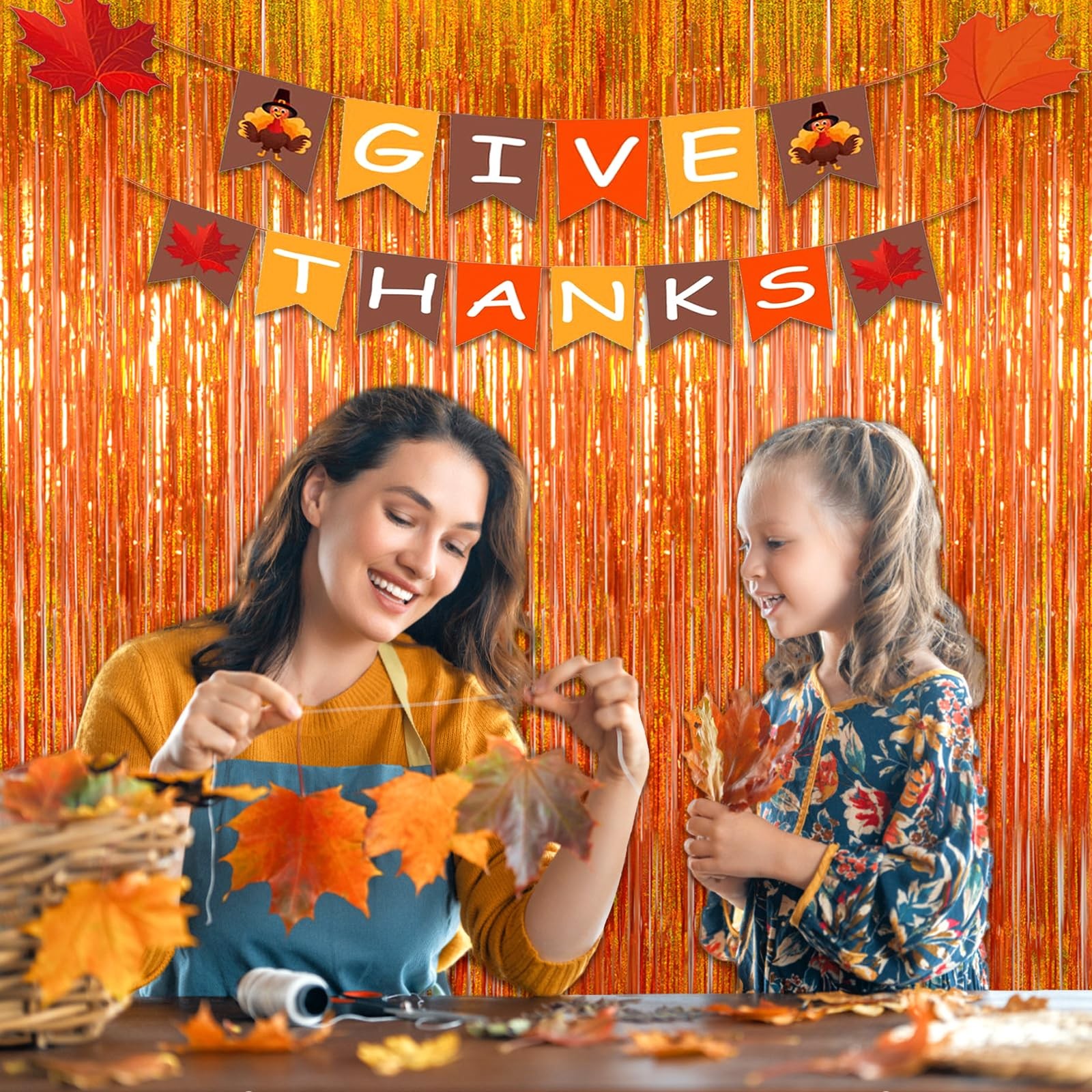Orange Thicker Metallic Tinsel Foil Fringe Curtains Backdrop Streamers 3 Pack